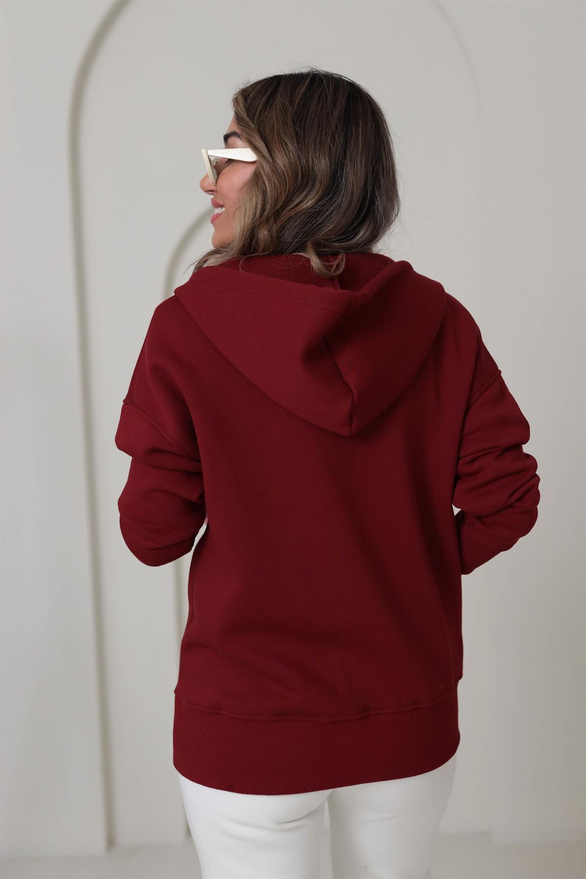 0068 Kapşonlu Fermuarlı Sweatshirt BORDO