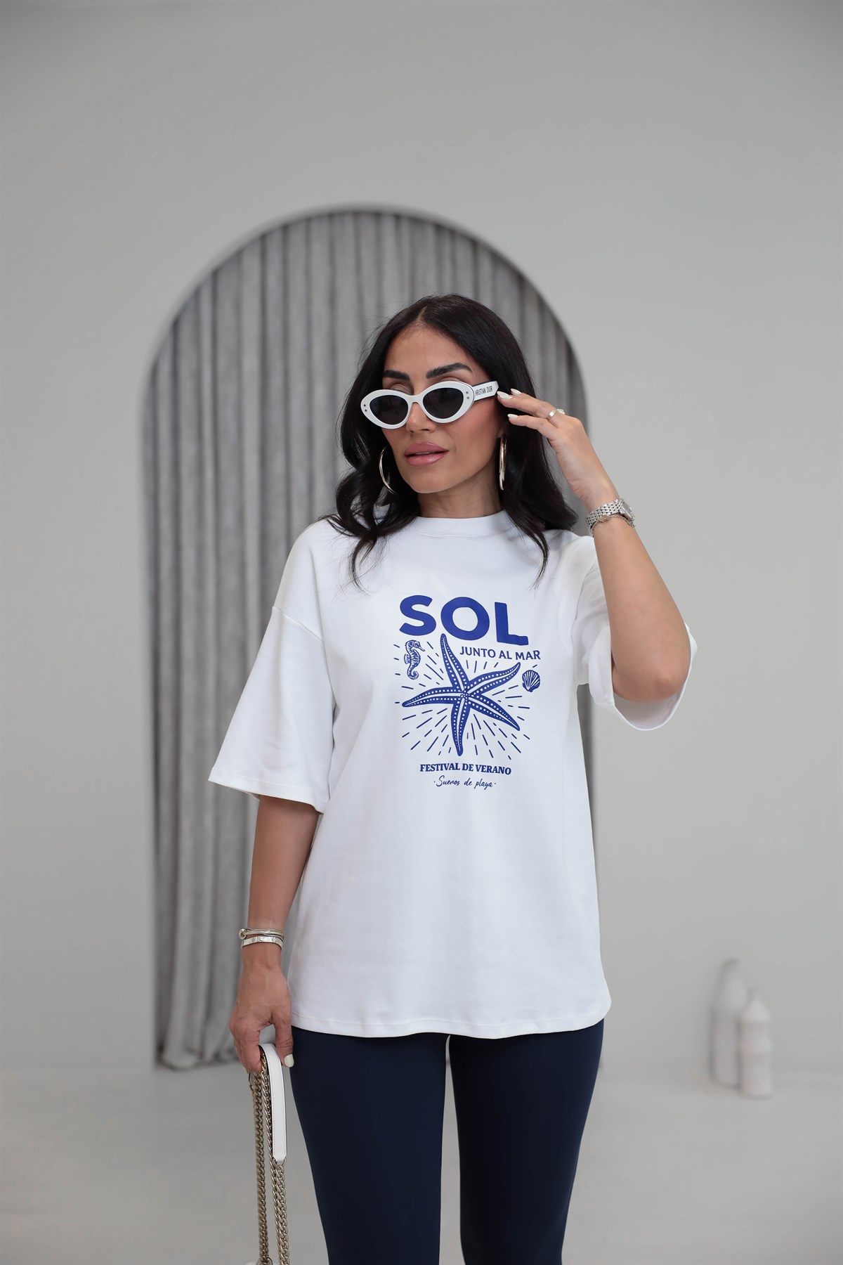 2031 Sol Deniz Yıldızı Desenli Oversize Pamuklu Tshirt EKRU