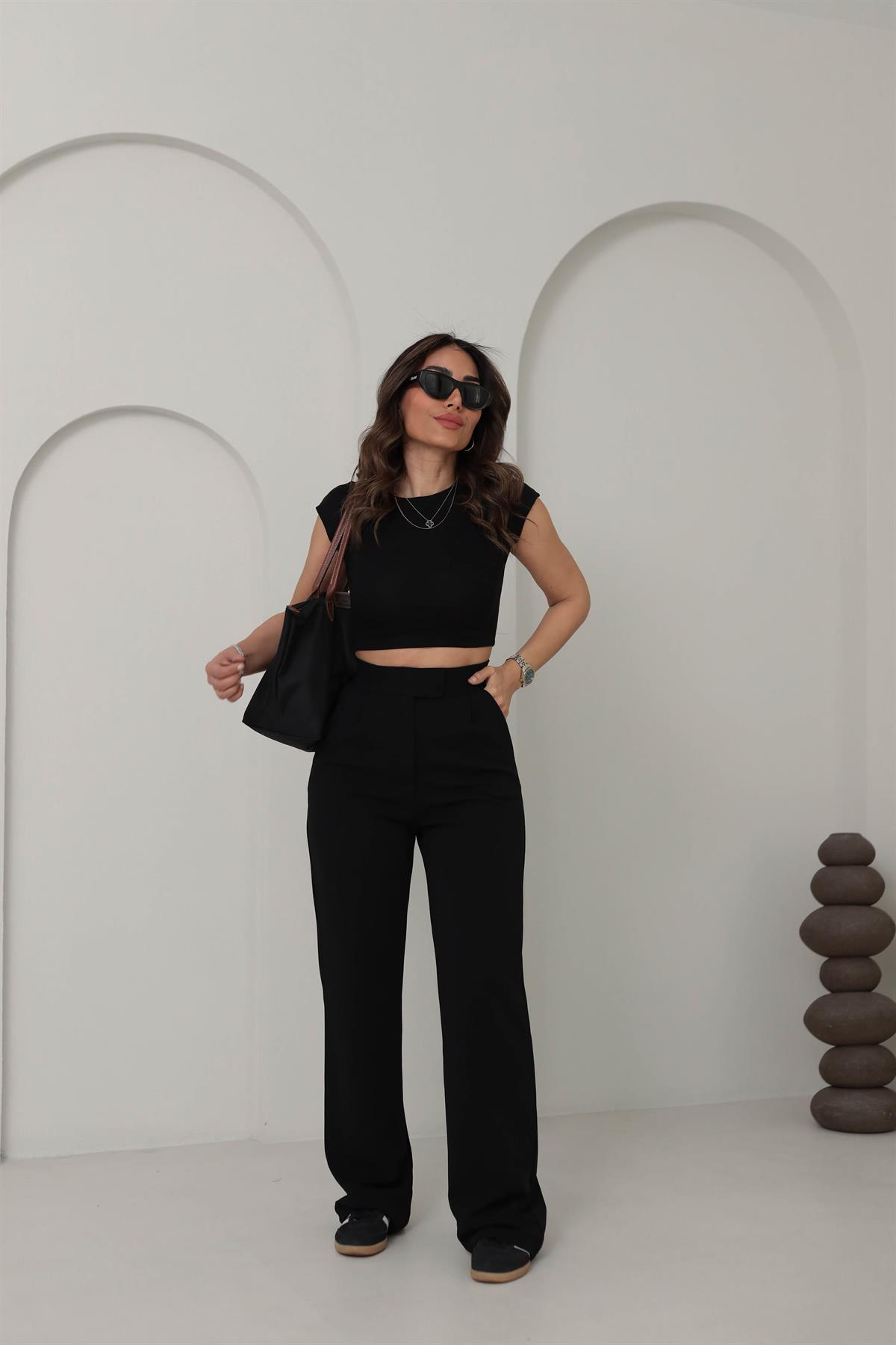 3826 Likralı Cırtlı Palazzo Pantolon SİYAH