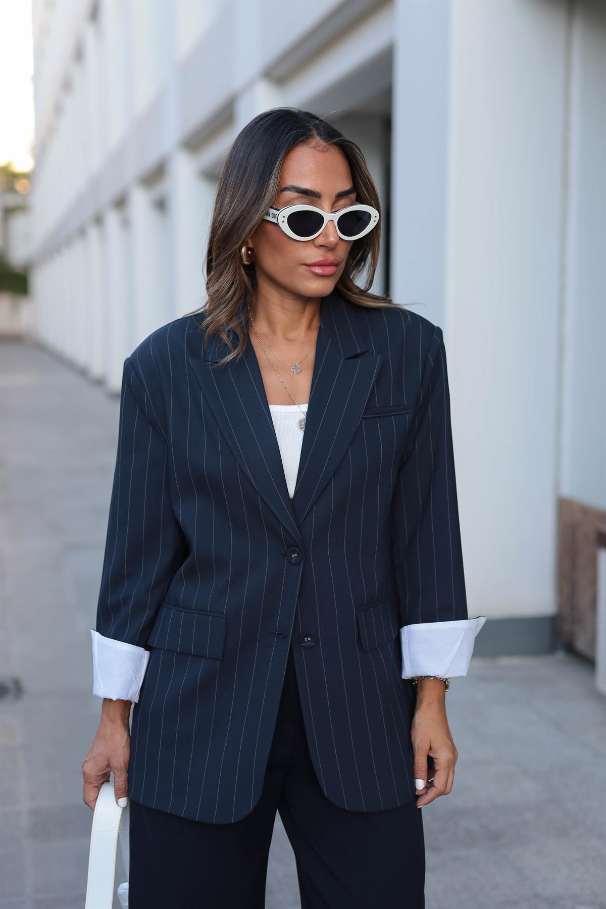 6176 Çizgili Çift Düğme Kolları Katlamalı Ceket LACİVERT