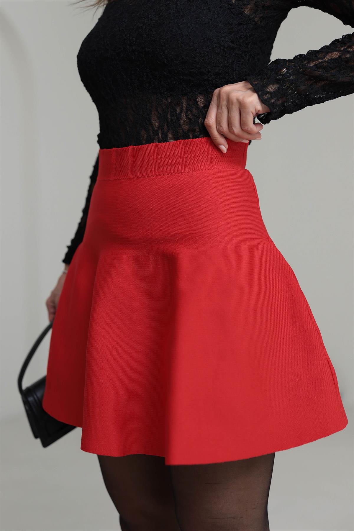 1064 Volanlı Çelik Triko Etek KIRMIZI