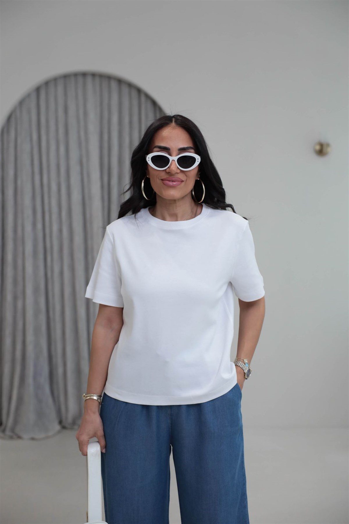 6074 Bisiklet Yaka Pamuklu Basic Tshirt BEYAZ