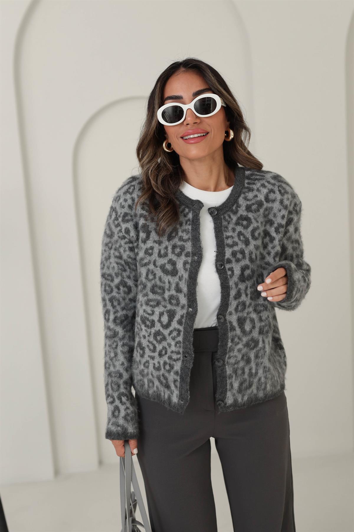 0108 Leopar Desen Şardonlu Massi Hırka Ceket ANTRASİT