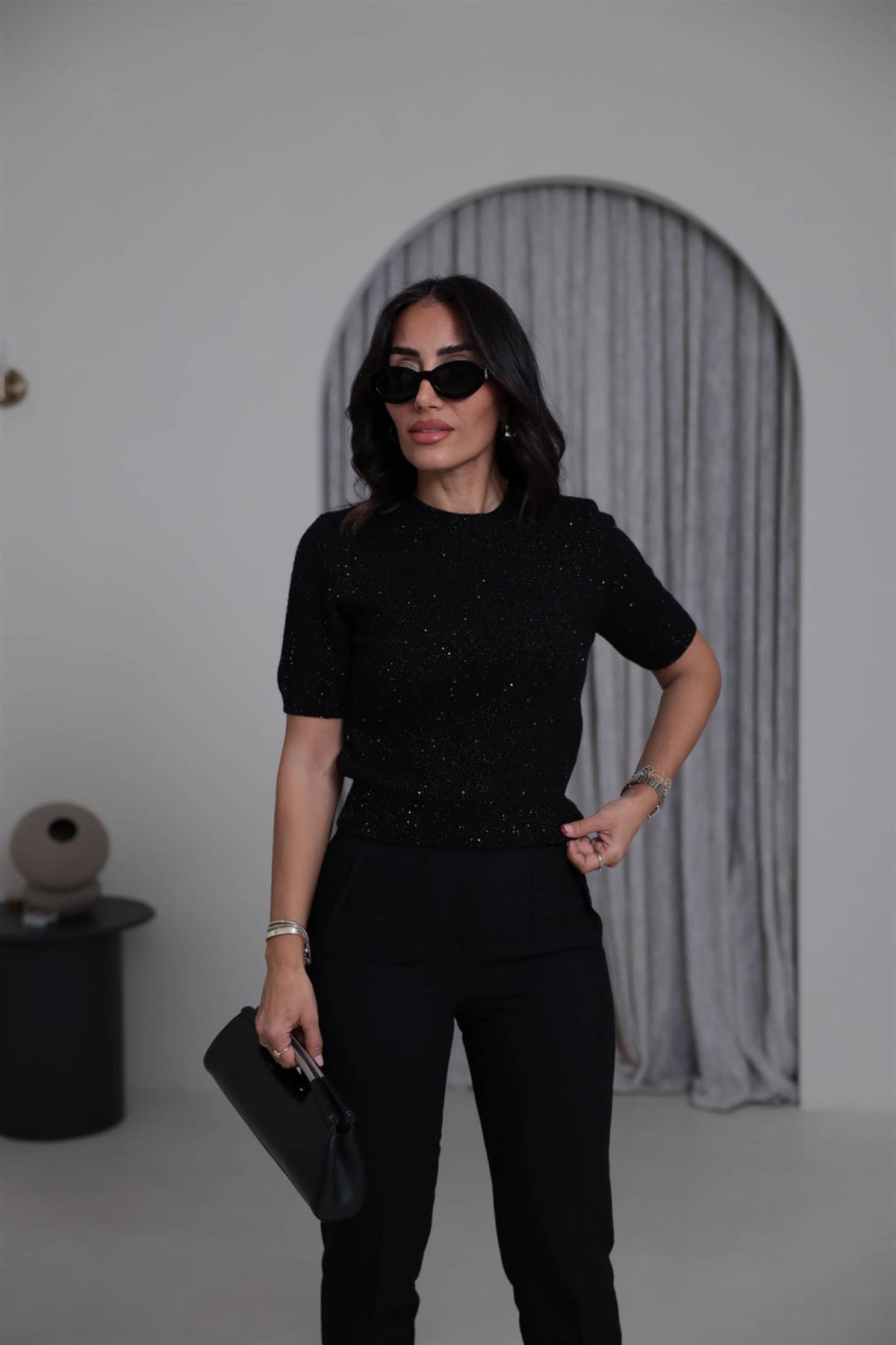 0703 Bisiklet Yaka Simli Pullu Triko SİYAH