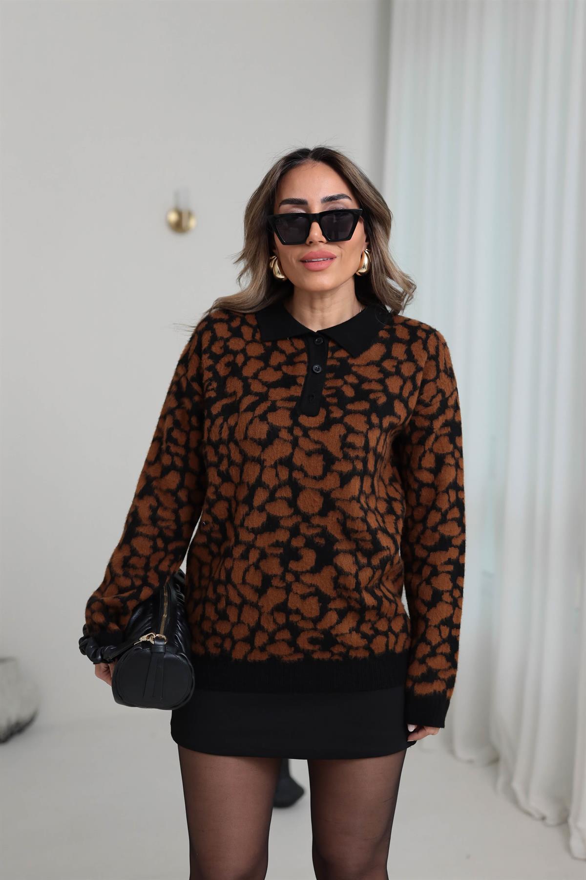 5214 Polo Yaka Leopar Desen Triko KAHVE