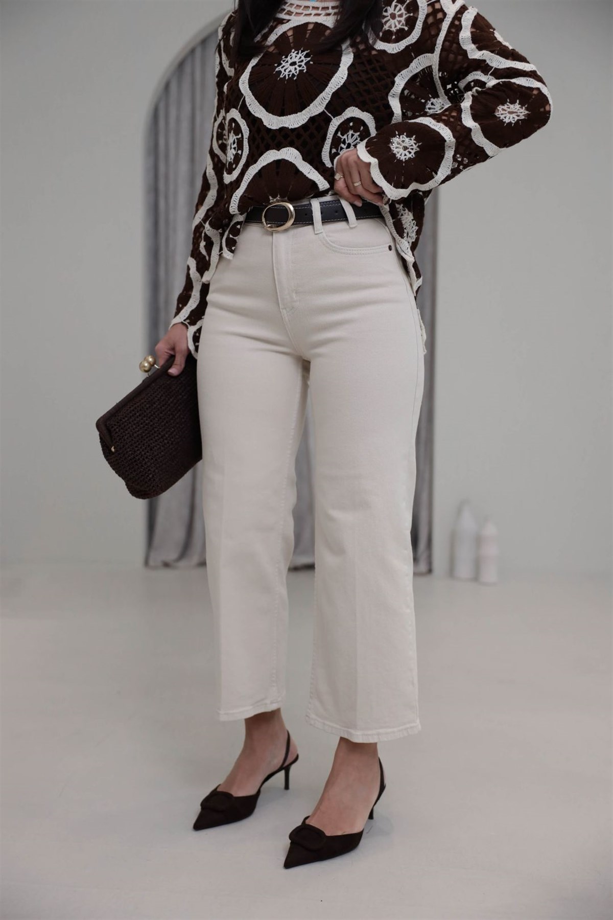 Kemerli Yüksek Bel Culotte Jean BEJ