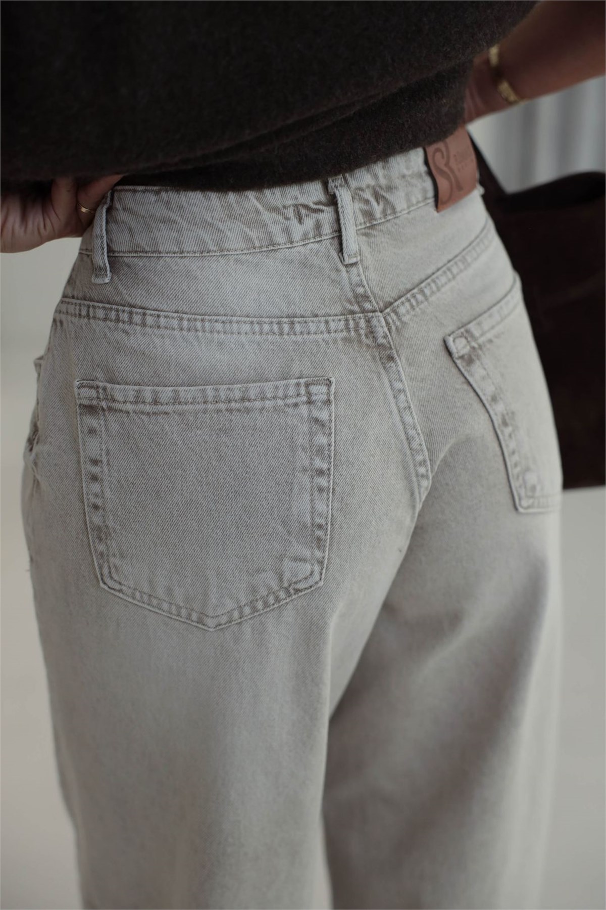 1020 Renk Yıkama Detaylı Wide Leg Denim Pantolon BEJ