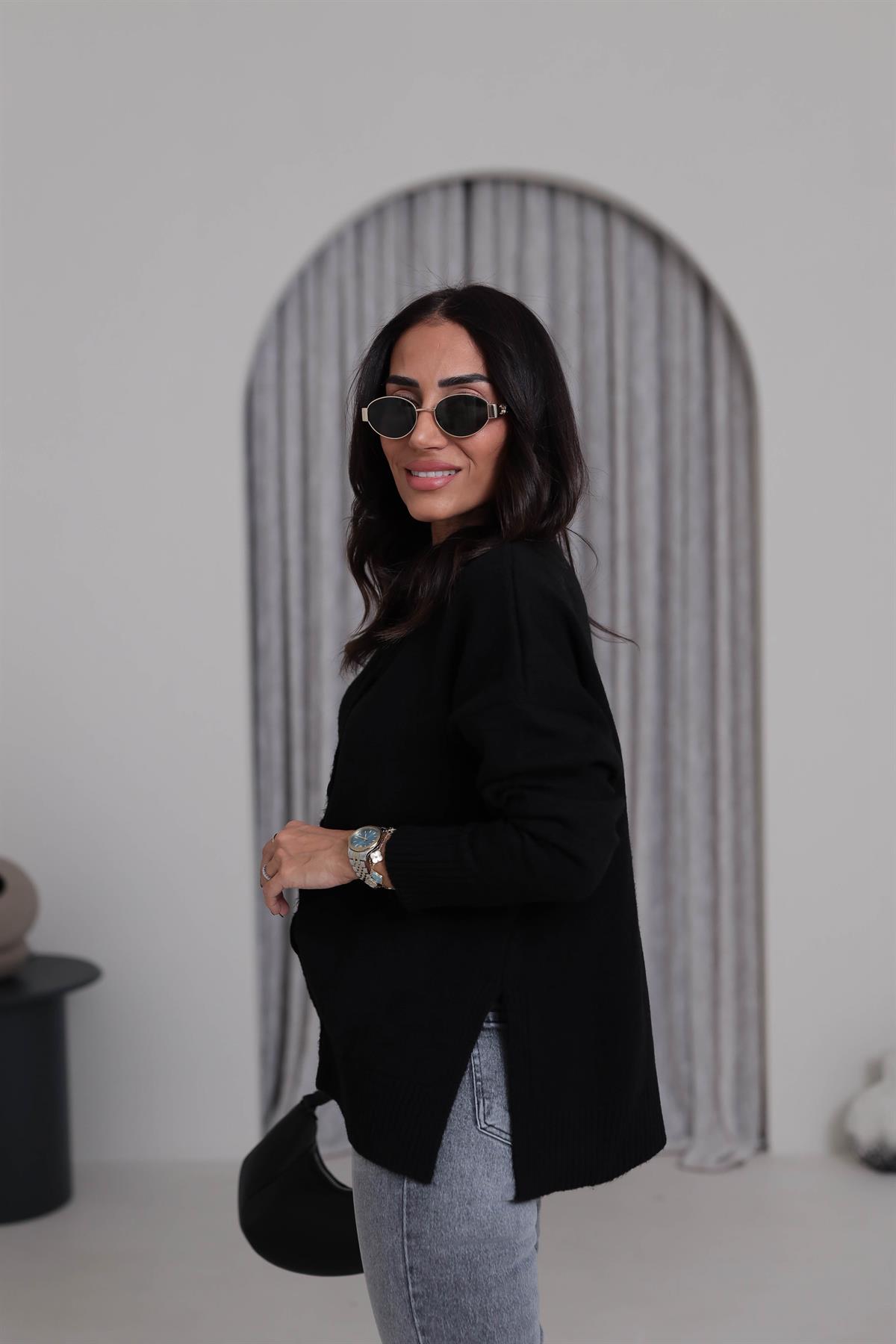 5252 Yanları Yırtmaç Detay Hırka SİYAH