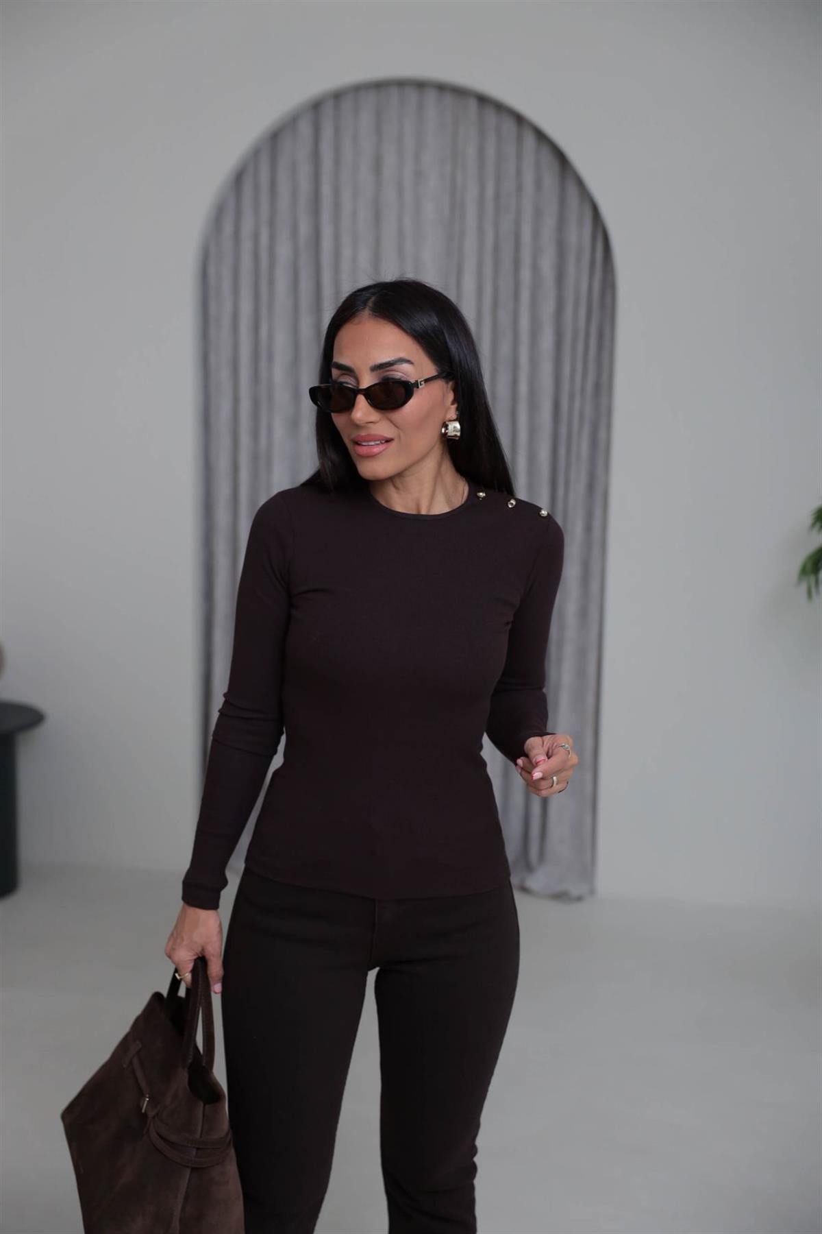 7245 Omzu Düğmeli Fitilli Bluz ACI KAHVE