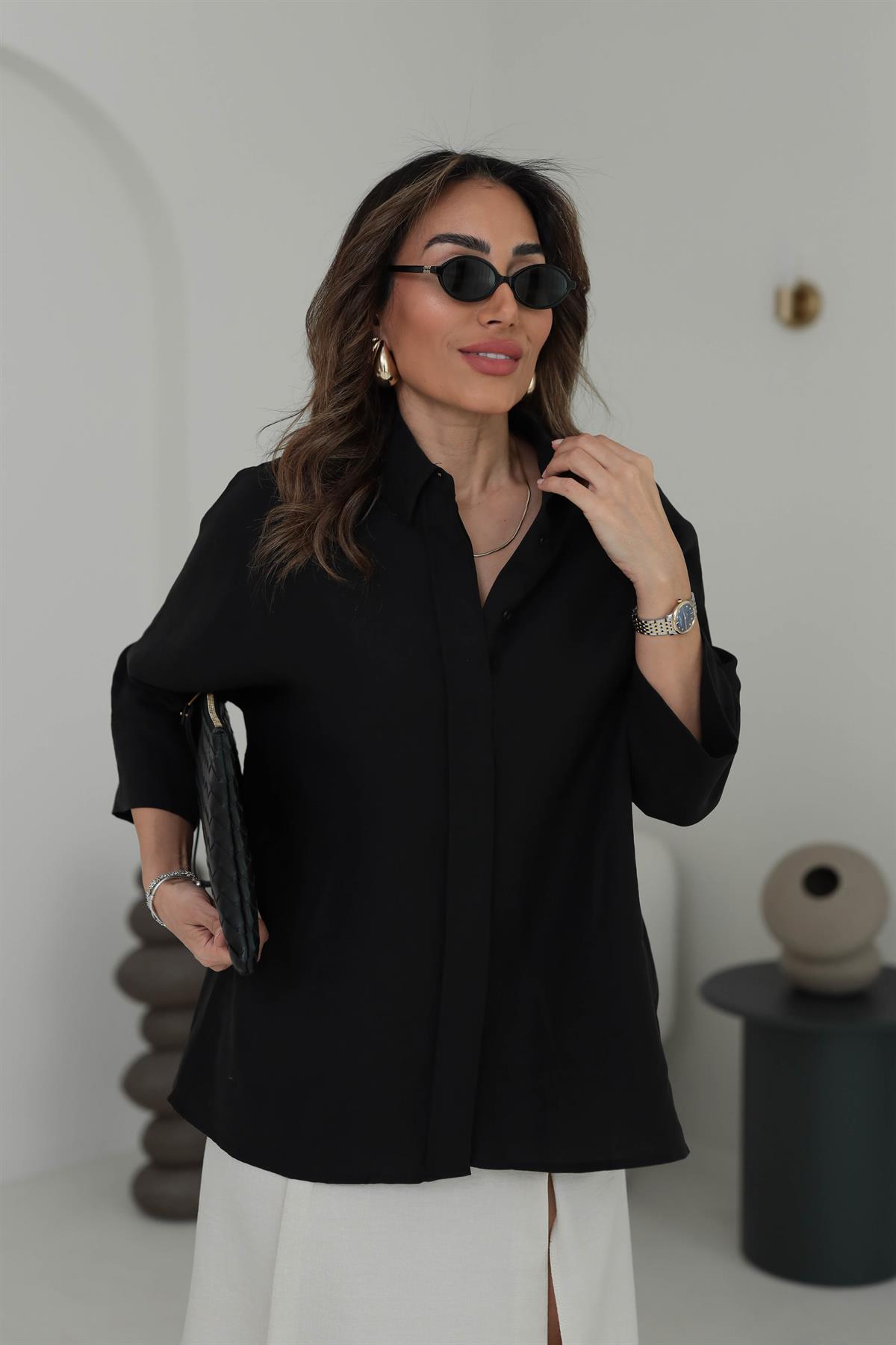 3440 Yarasa Kol Gizli Düğme Detaylı Rahat Gömlek SİYAH