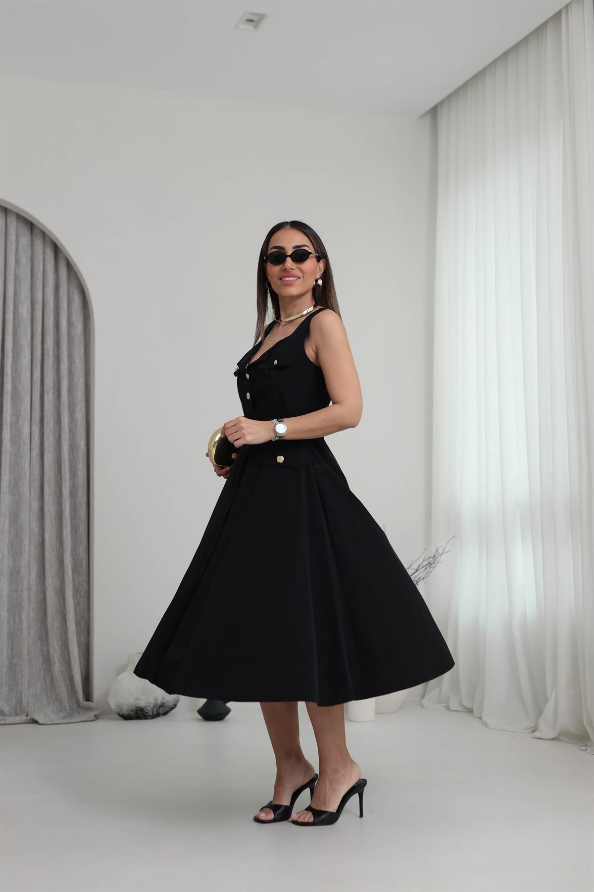 Kare Yaka Gold Düğmeli Cep Kapaklı Elbise SİYAH