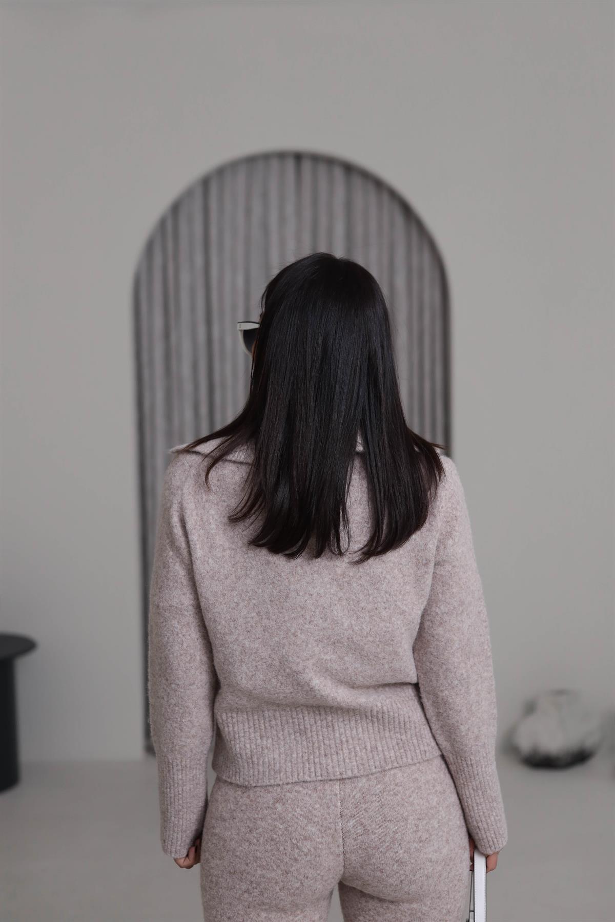 5069 Gömlek Yaka Yarım Düğmeli Kazak VİZON