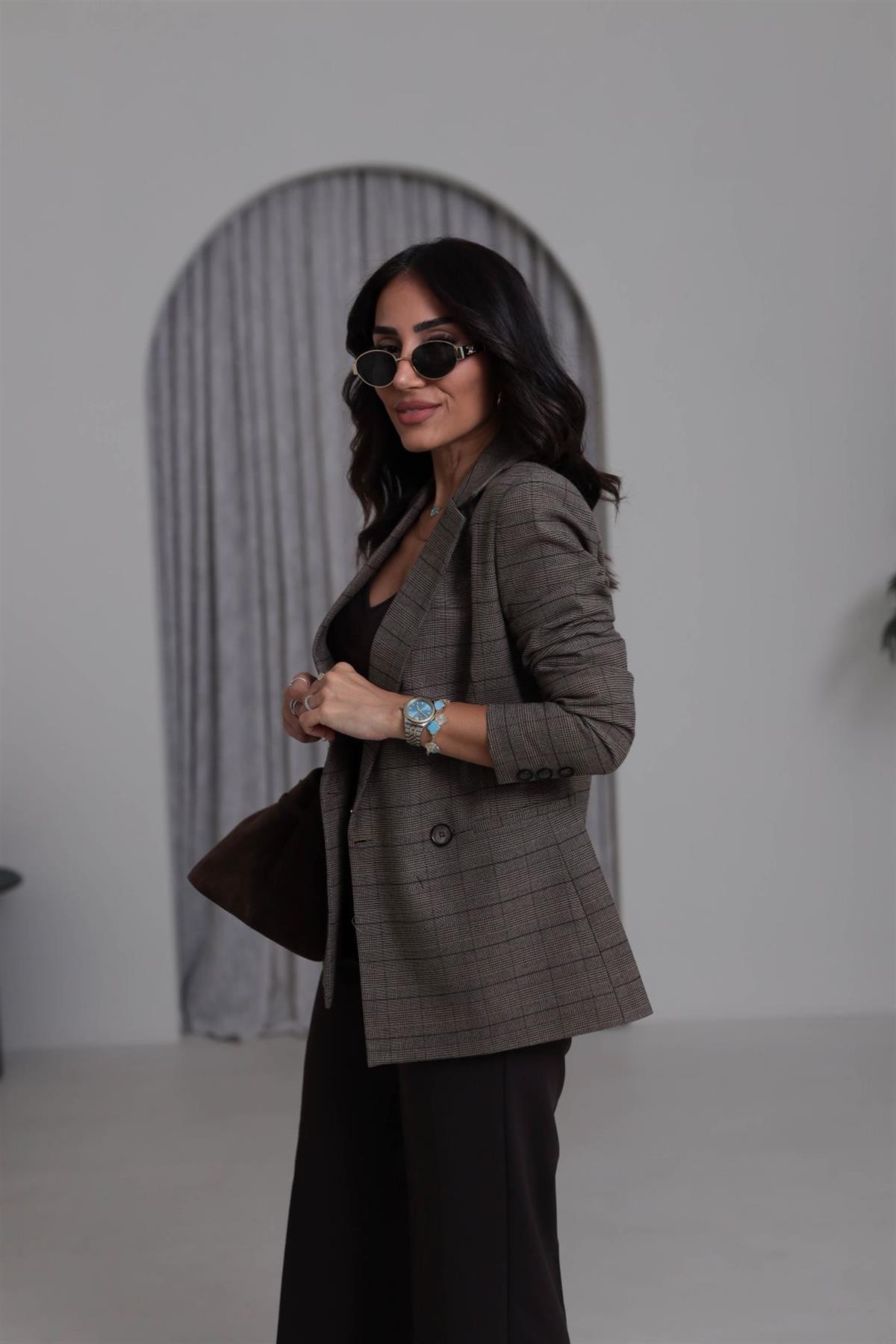 5174-K Düğme Detaylı Desenli Ceket VİZON