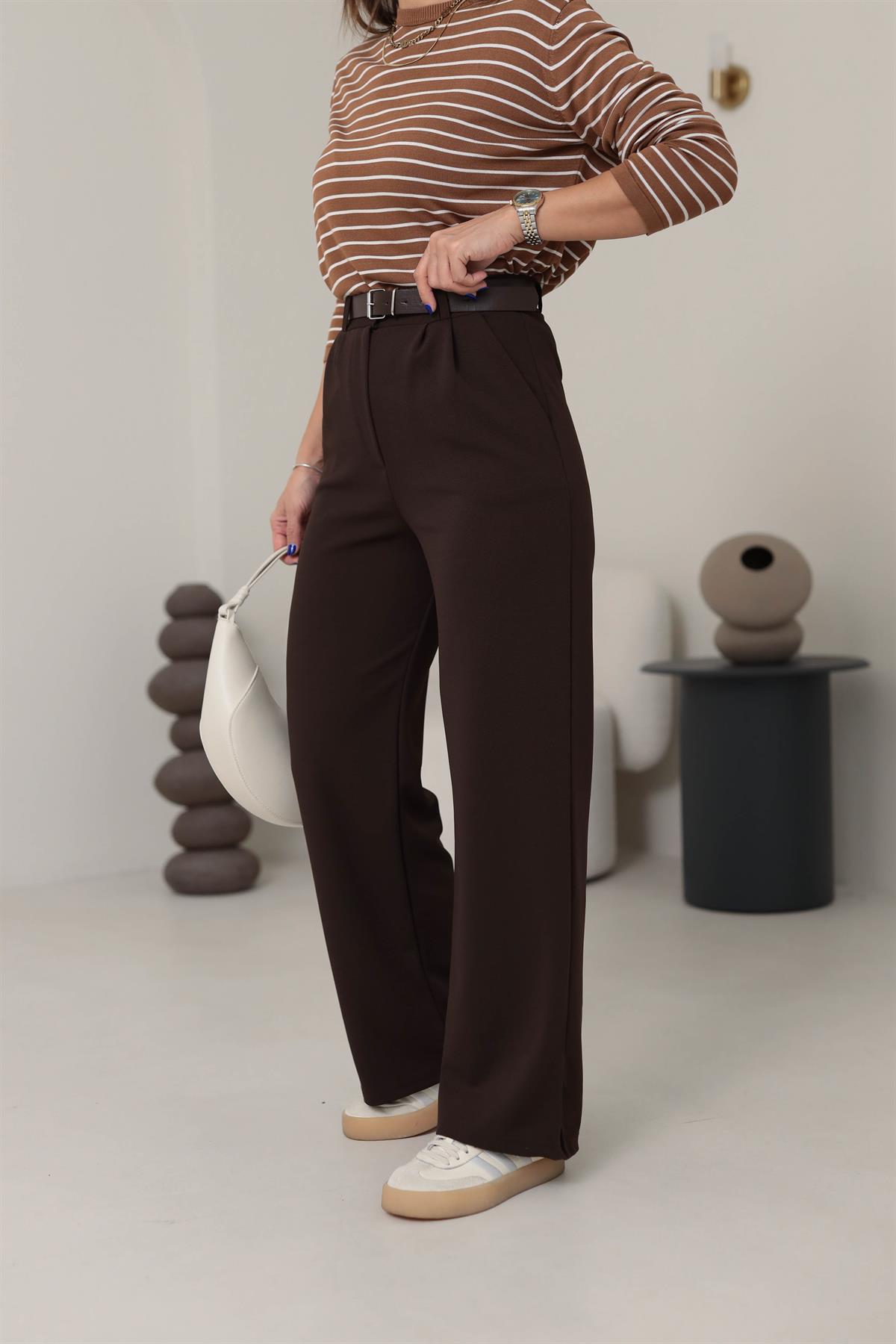 3851 Çift Pile Detaylı Kemerli Palazzo Pantolon KAHVE