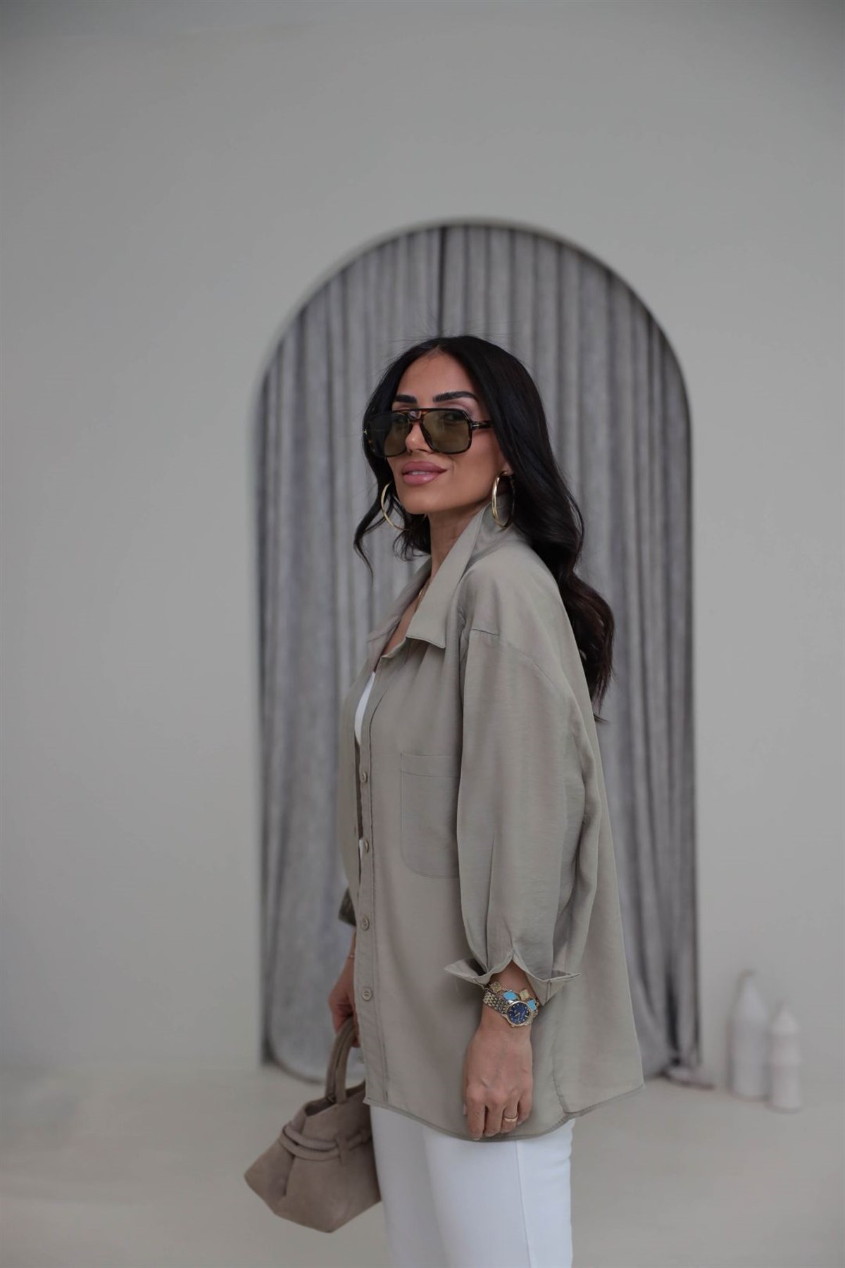 4612Y Tencel Omzu Düşük Oversize Gömlek OLİVE