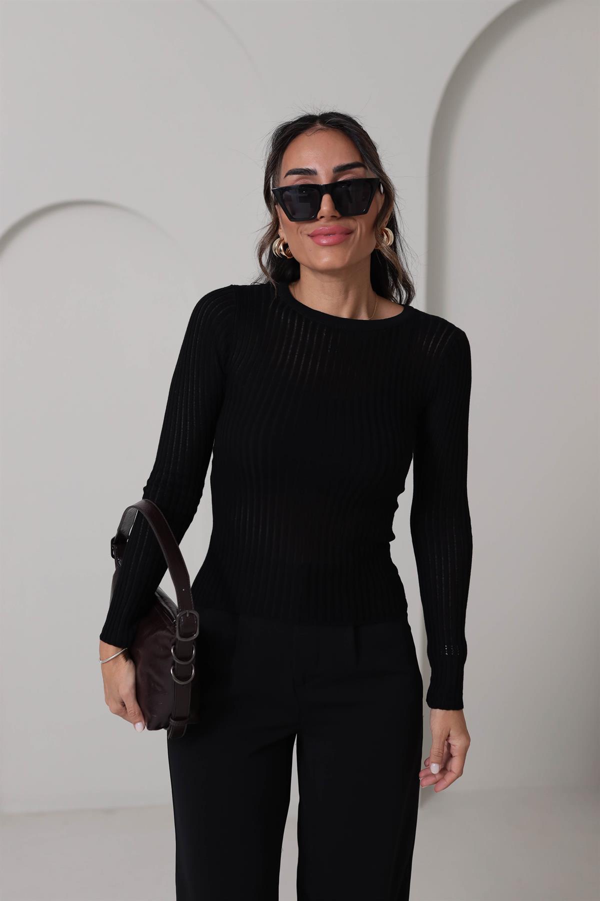 4107 Transparan Detaylı Triko Bluz SİYAH