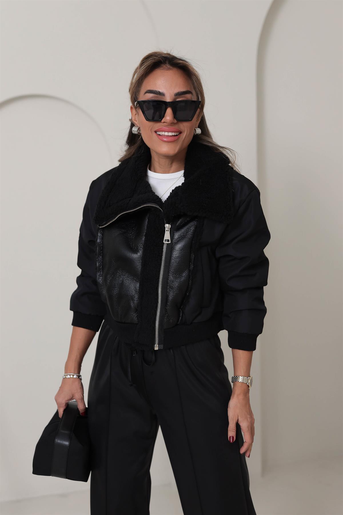 3537 Deri Garnili Yakalı Mont SİYAH