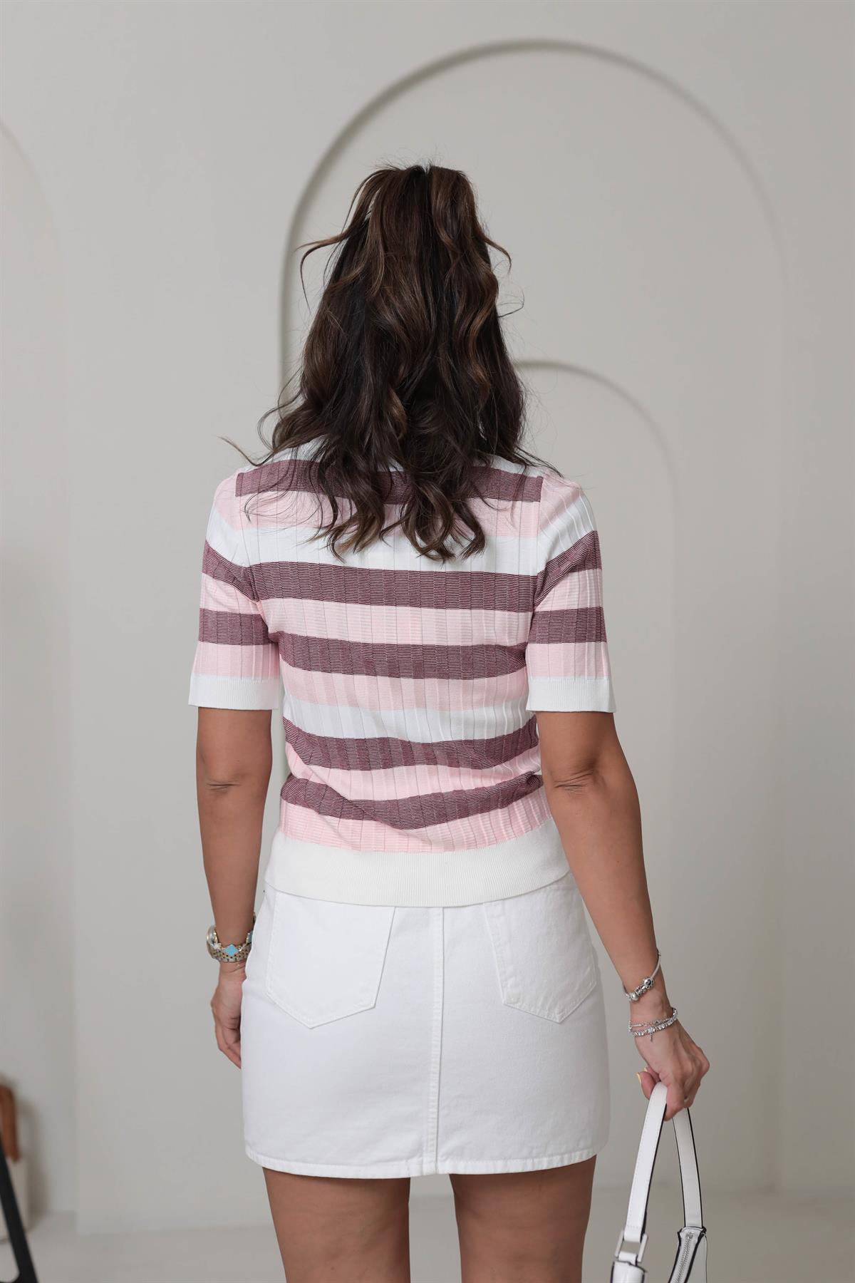 0734 Bisiklet Yaka Çizgili Yumuşak Triko Bluz PEMBE