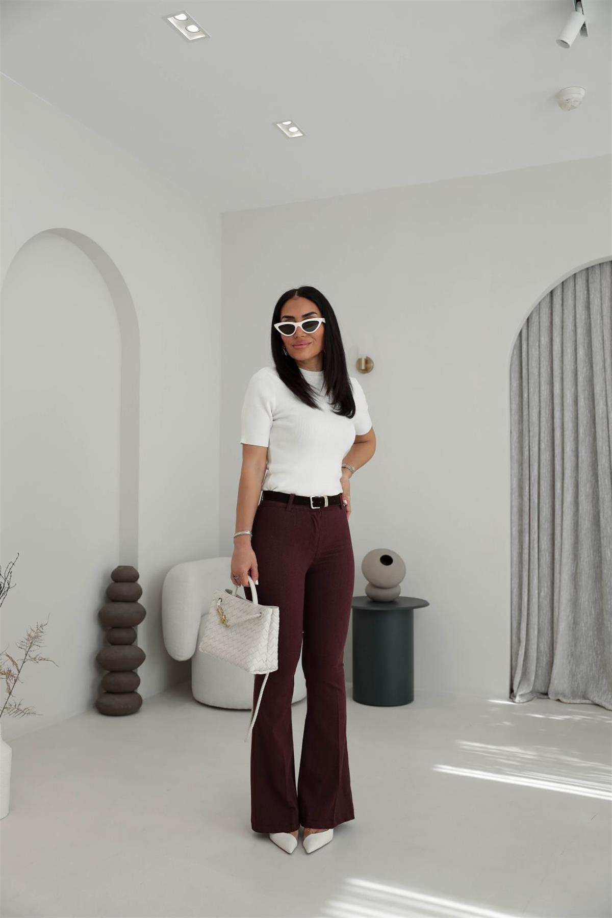 7142 Likralı Kemerli Gabardin İspanyol Pantolon BORDO