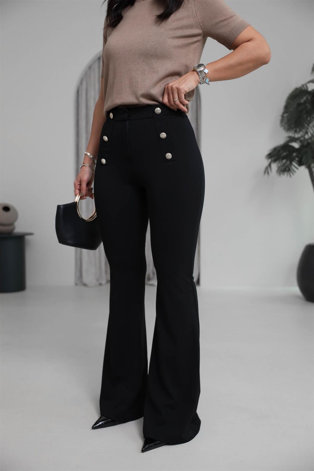 4083 Gold Düğmeli Likralı Toparlayıcı İspanyol Pantolon SİYAH