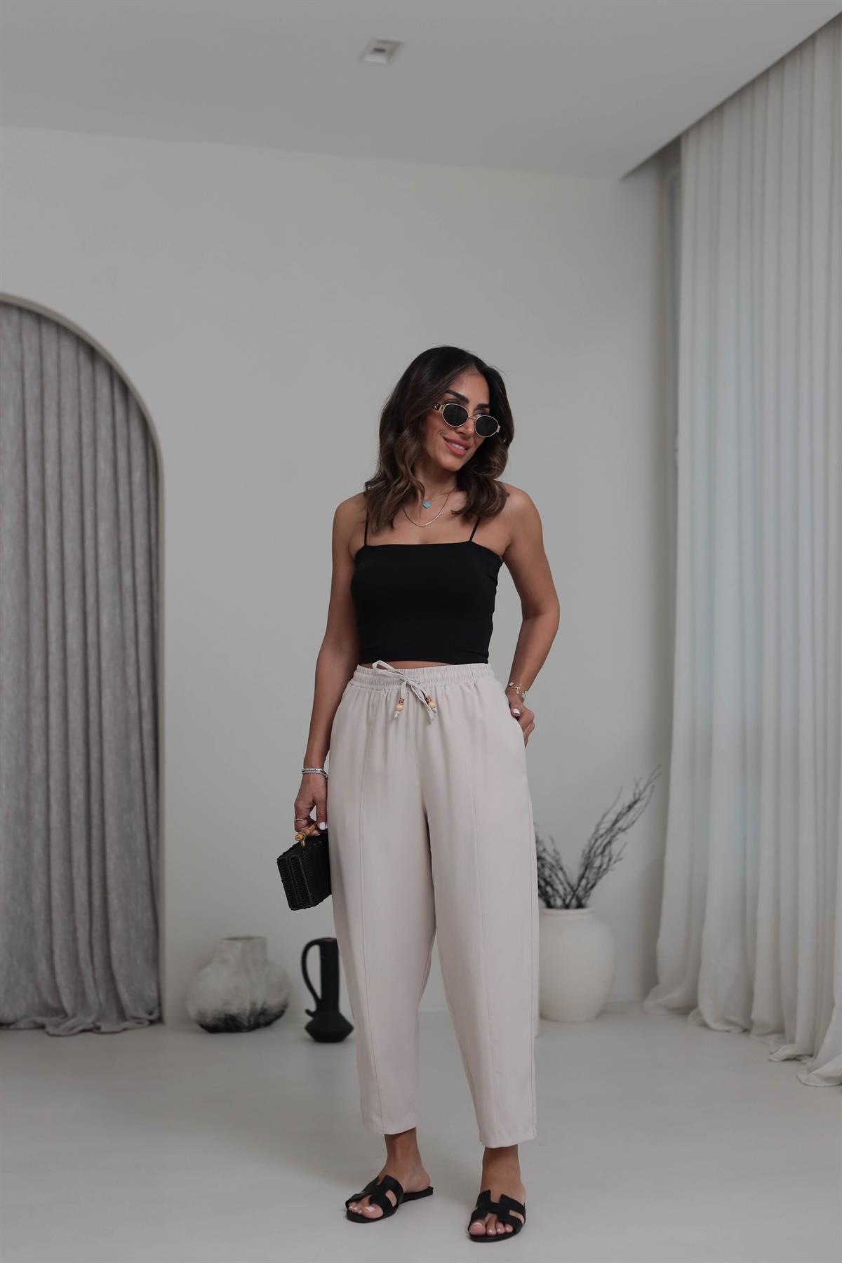 6703 Bel Lastikli Tencel Dokulu Boncuklu Pantolon BEJ
