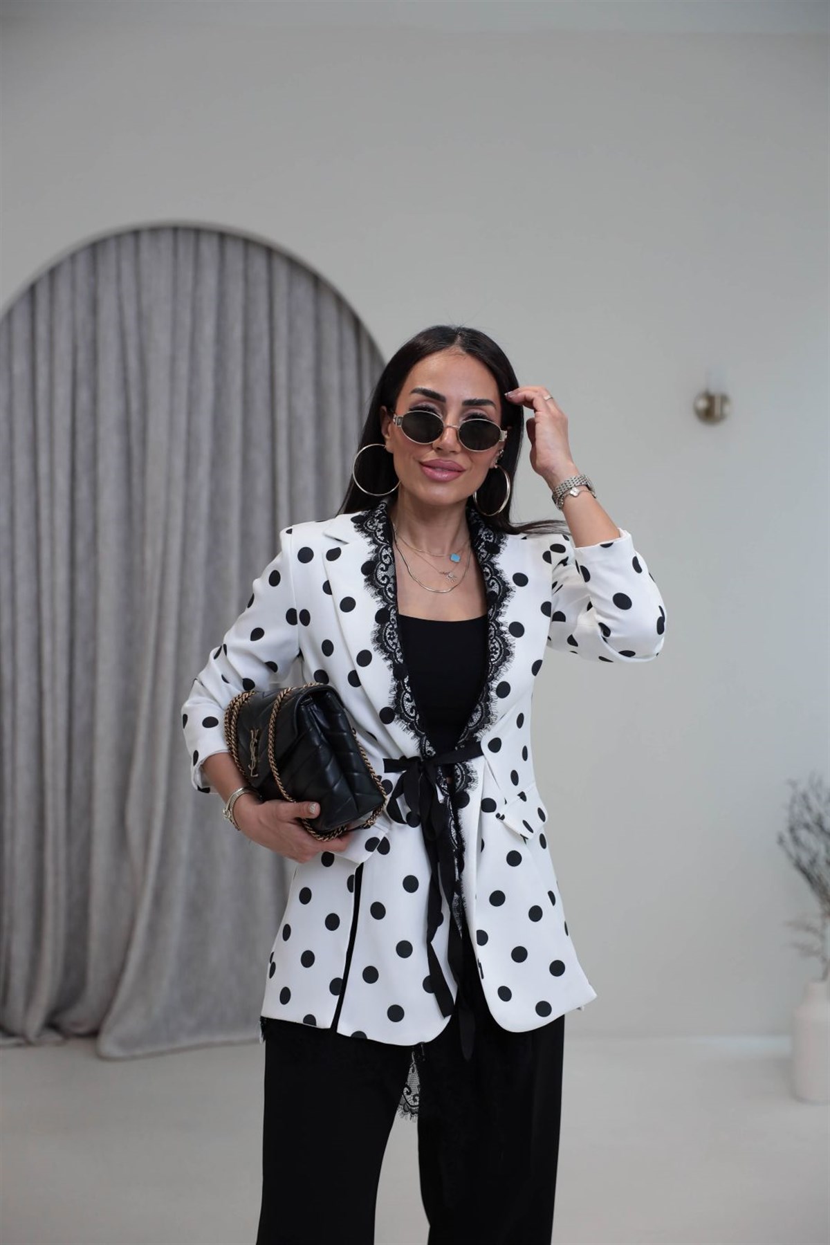 73852 Dantel Detaylı Puantiyeli Blazer Ceket SİYAHBEYAZ