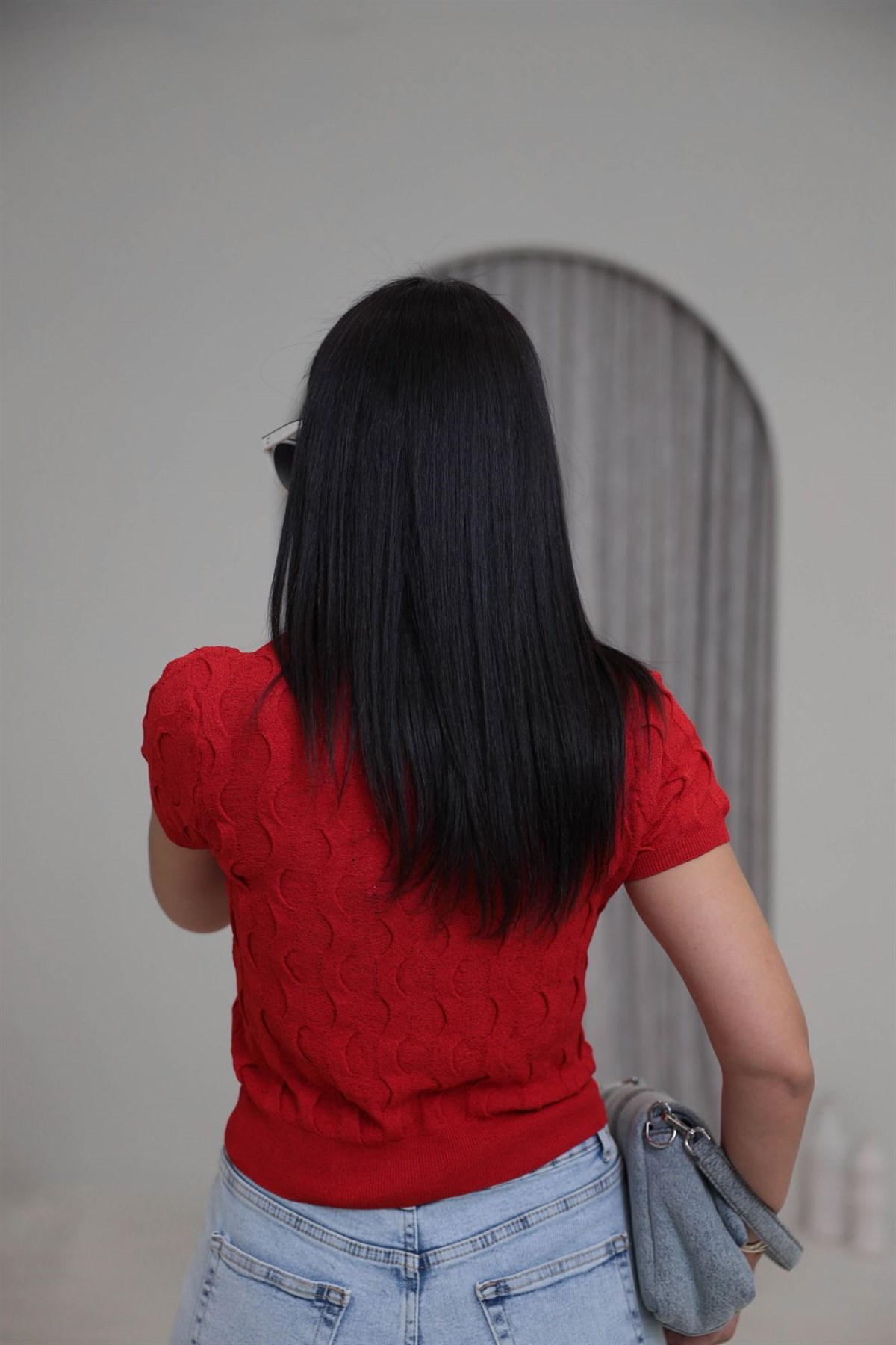 0980 Bisiklet Yaka Dokulu Düğmeli Triko KIRMIZI