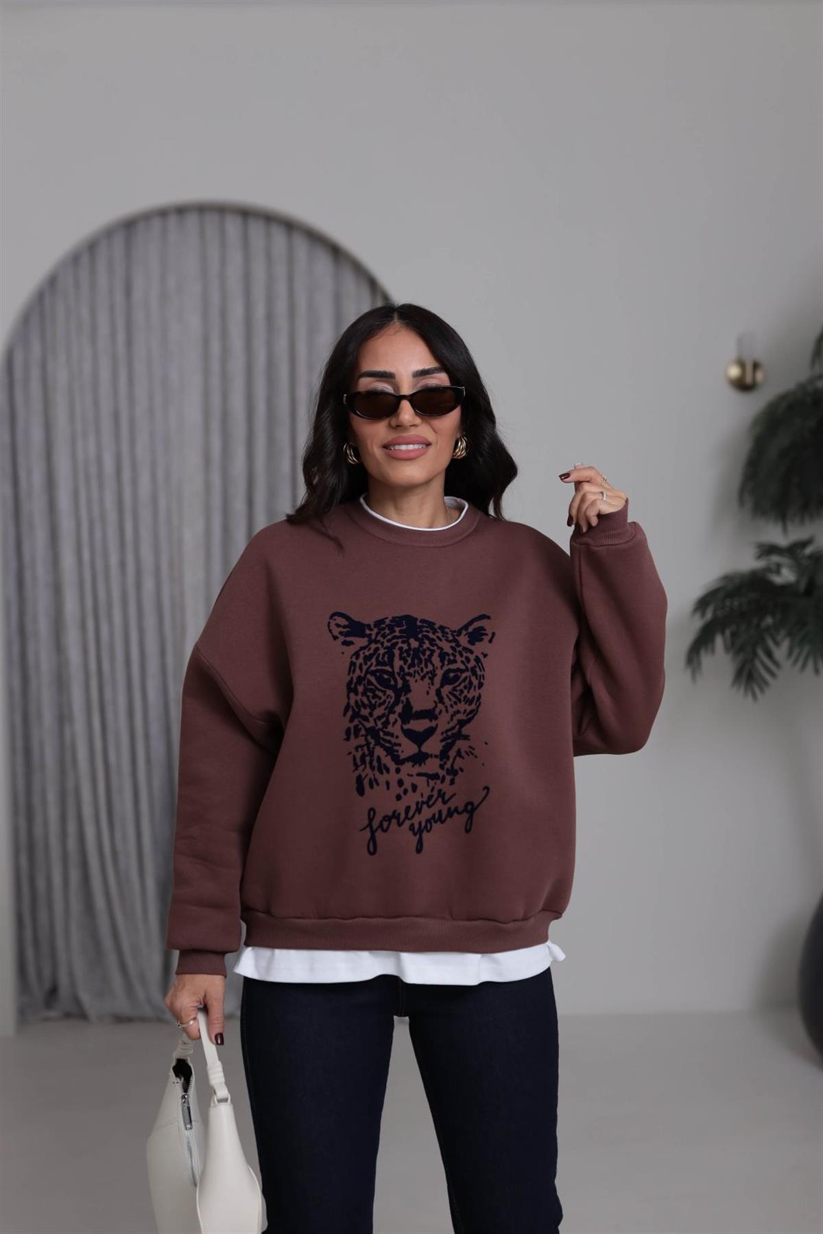 0612 Leopar Baskılı Şardonlu Garnili Sweatshirt KAHVE
