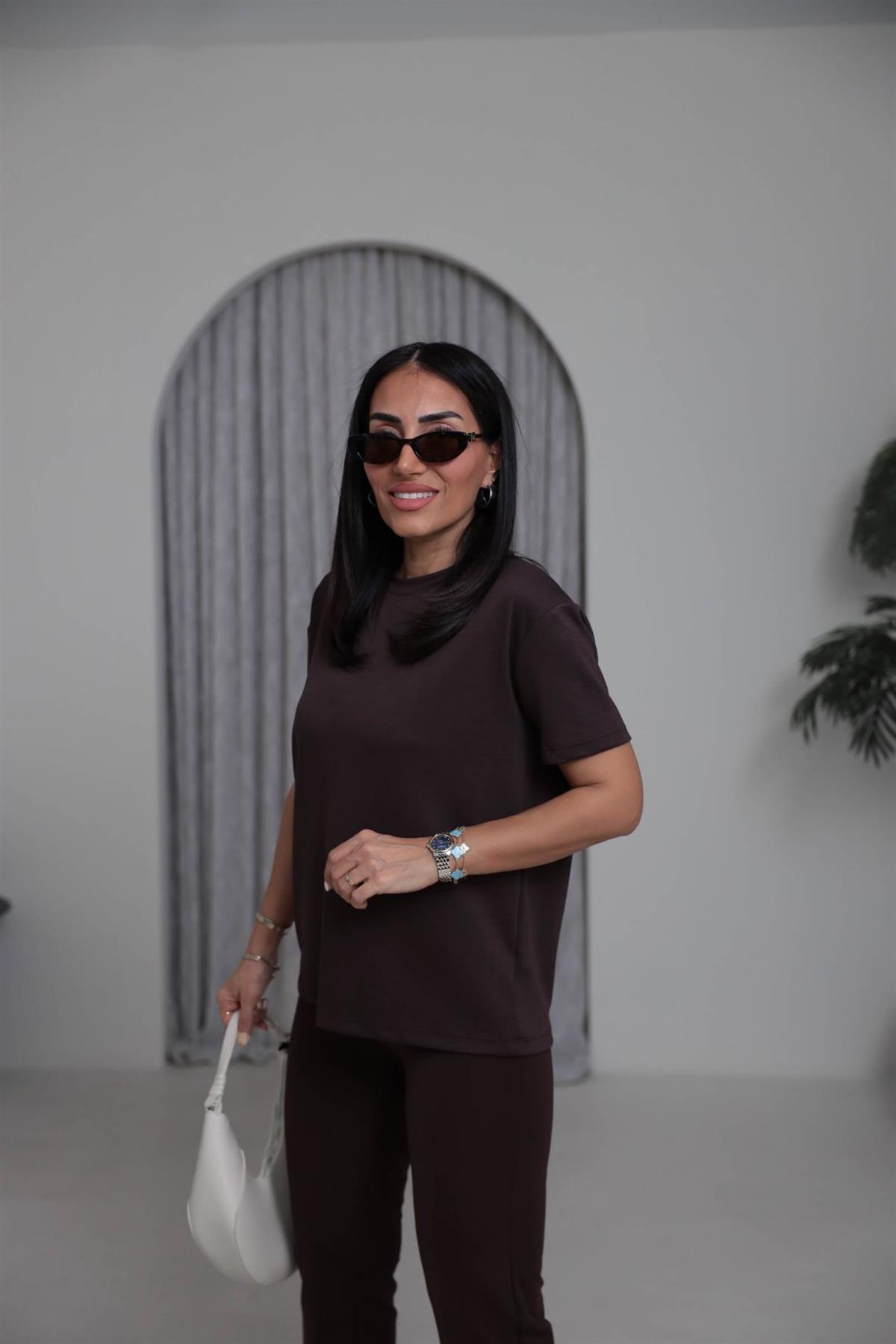 T906 Bisiklet Yaka Oversize Modal Tshirt ACI KAHVE