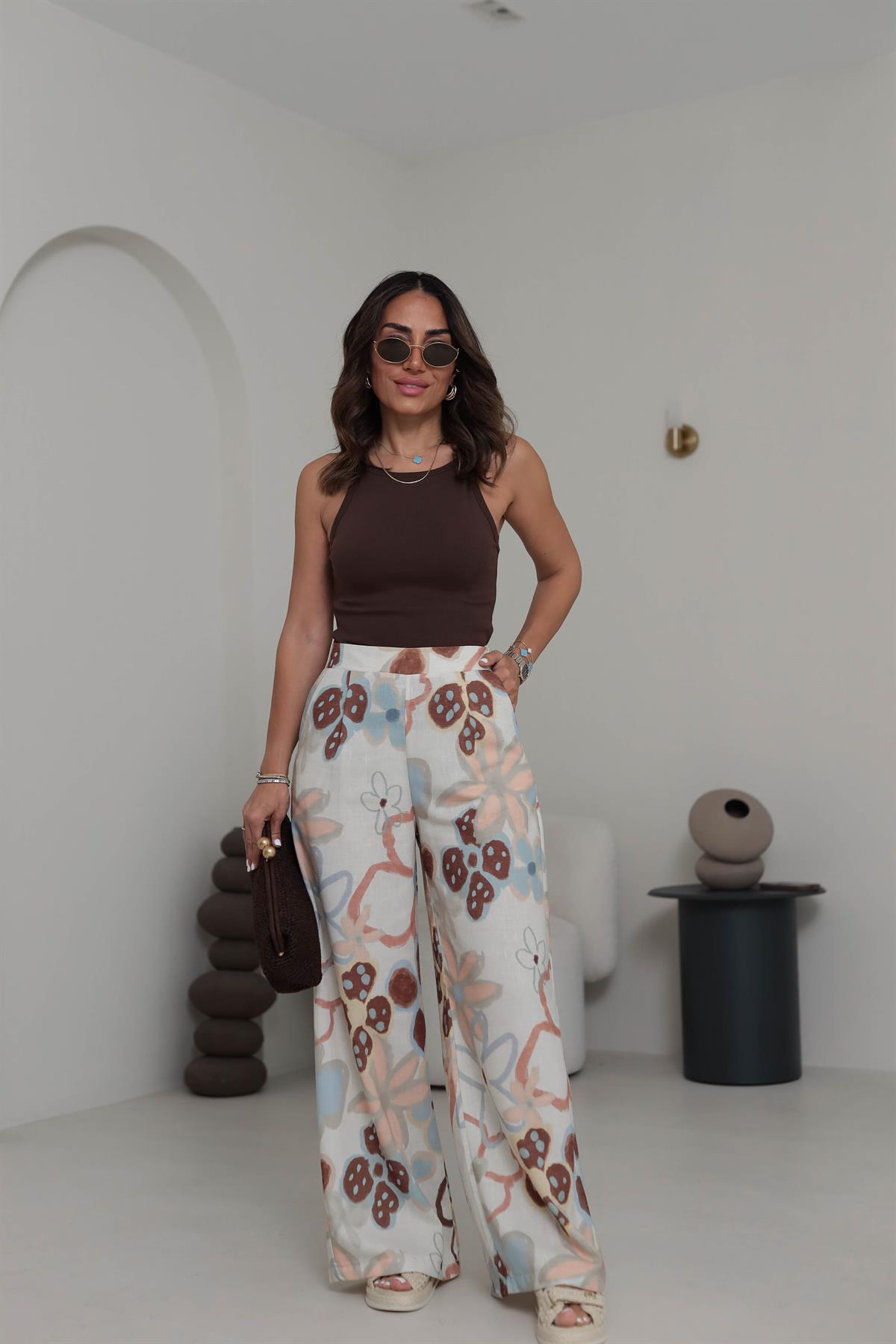 0436 Floral Desen Arka Bel Lastikli Keten Pantolon BEJ