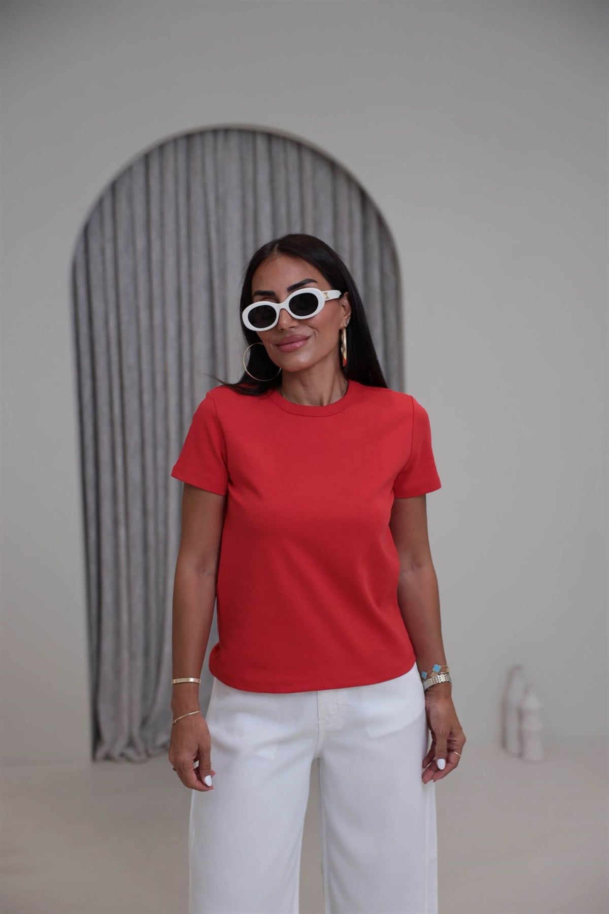 2779 Bisiklet Yaka Basic Tshirt KIRMIZI