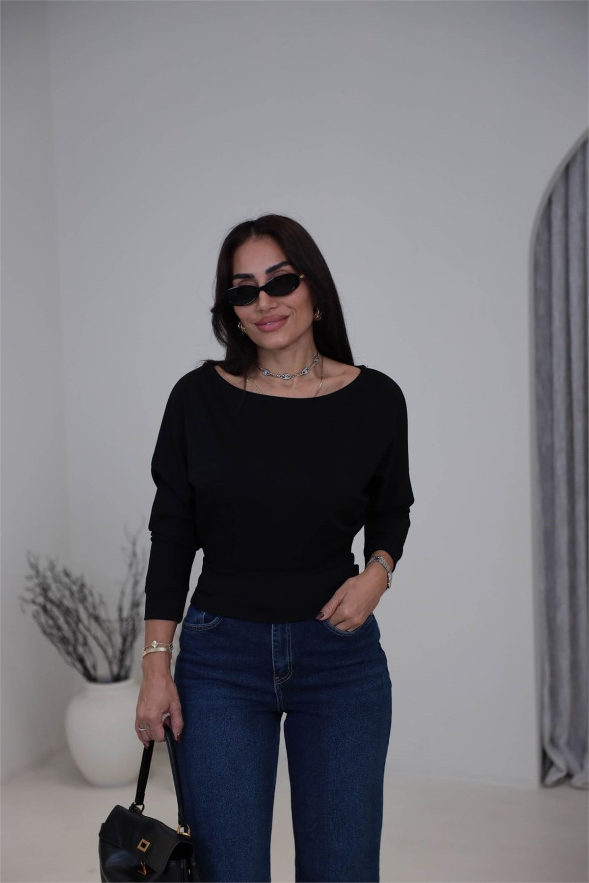 2540 Düşük Omuz Modal Kumaş Bluz SİYAH