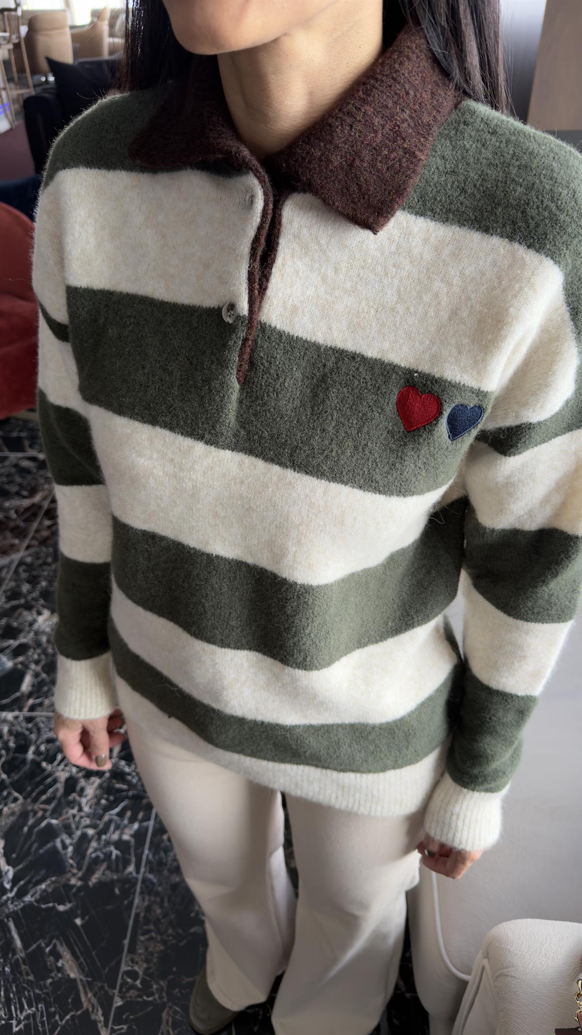 0139 Polo Yaka Düğmeli  Kalp Baskılı Triko Kazak YEŞİL