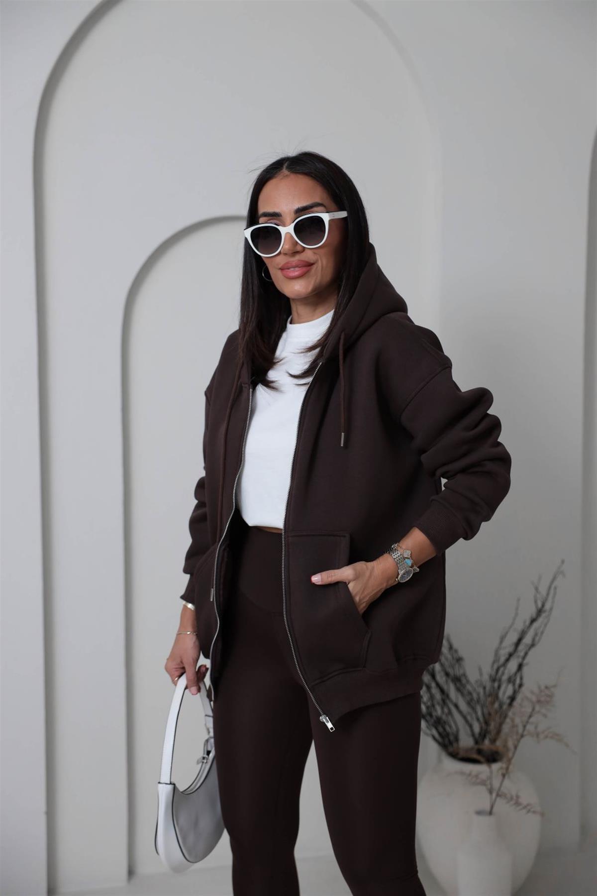 1003 3 İplik Şardonlu Kapşonlu Fermuarlı Ceket KAHVE