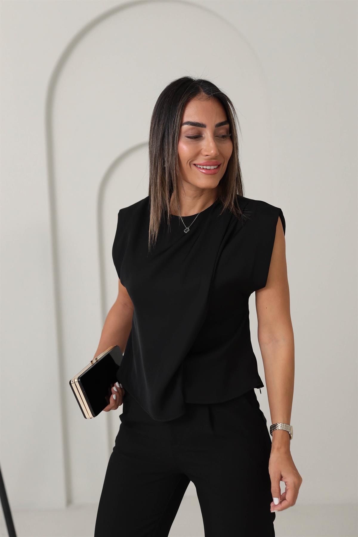 6323 Saten Bluz SİYAH