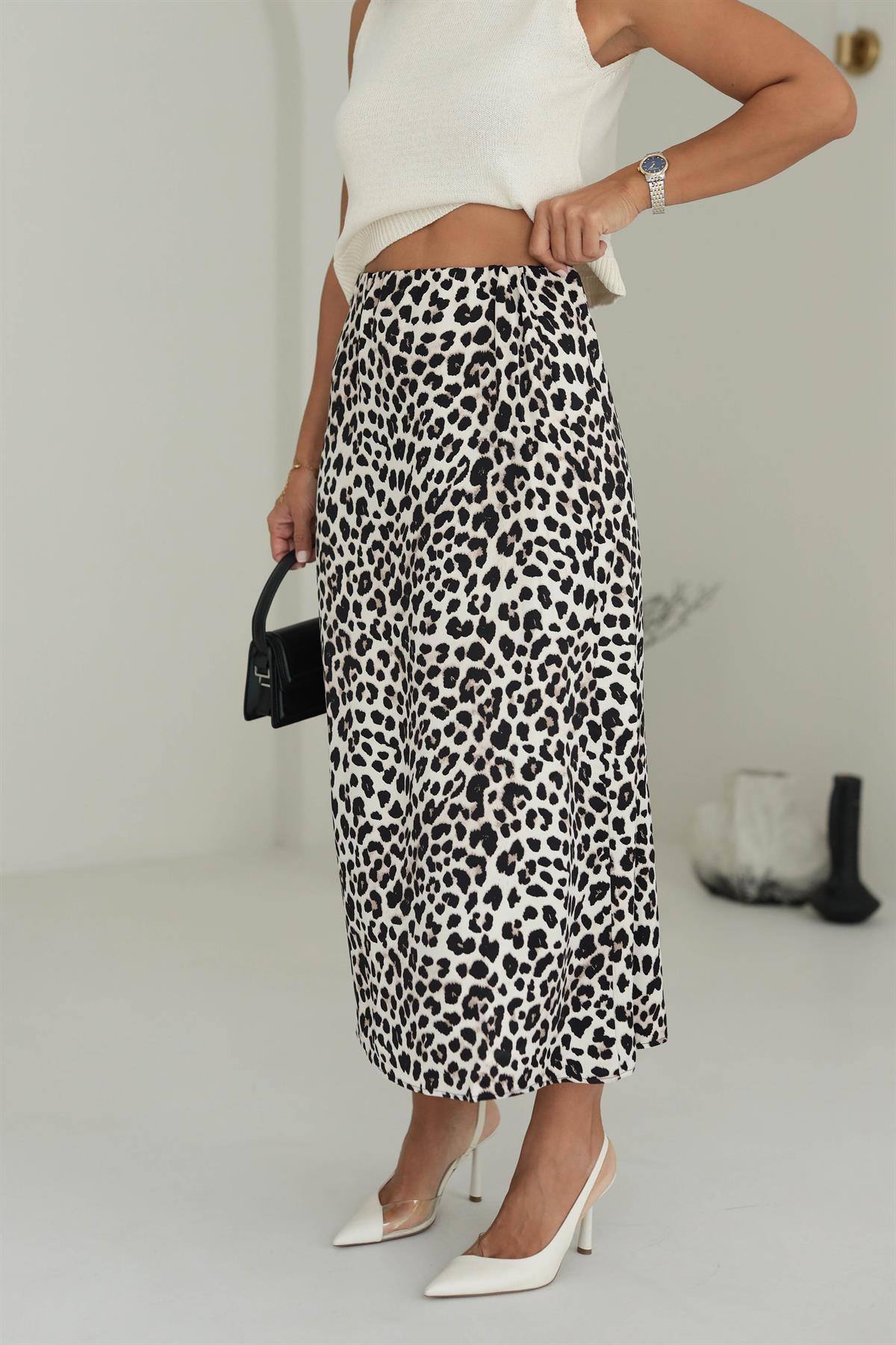 6362 Bel Lastikli Leopar Desen Saten Etek