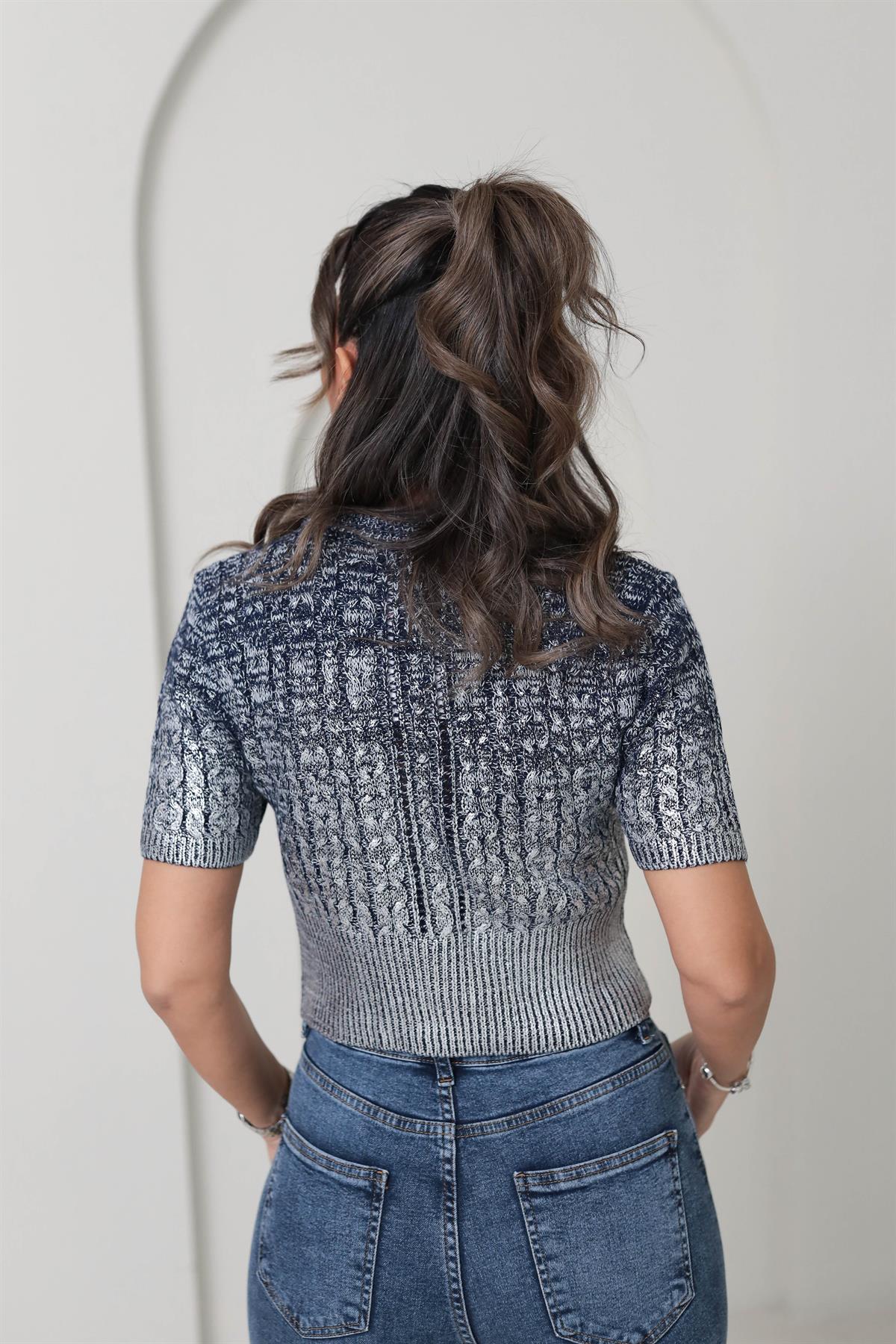 4225 Gümüş Baskılı Kısa Kol Kazak LACİVERT