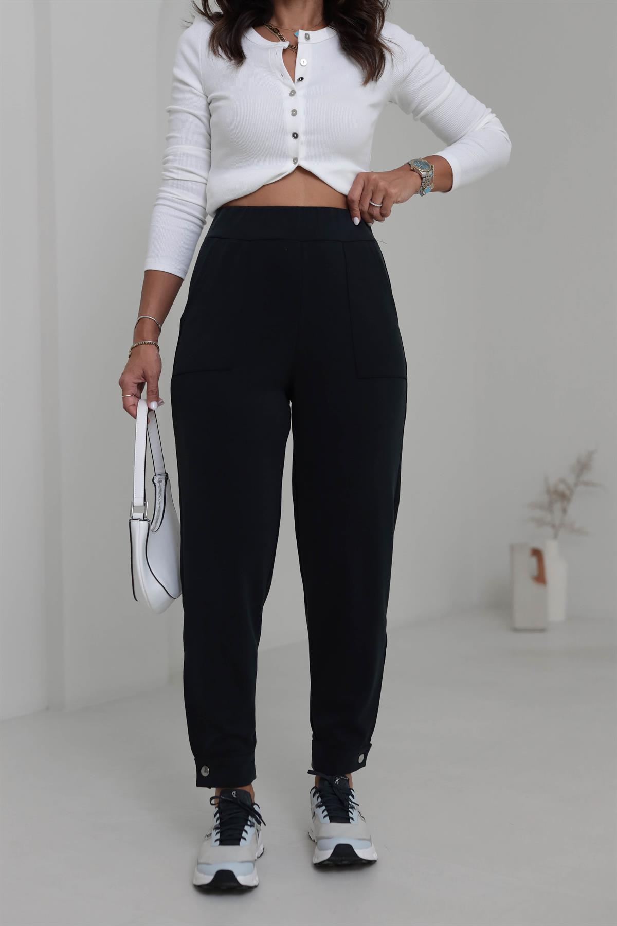 4591 Paçası Düğme Detaylı Cepli Modal Pantolon SİYAH