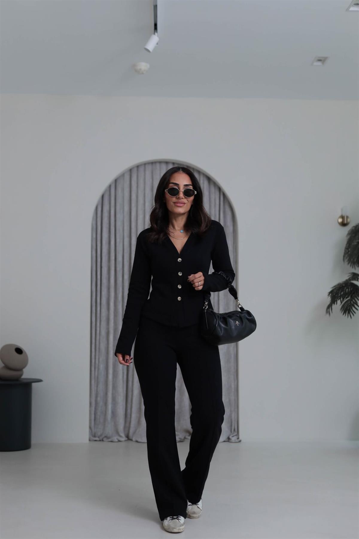 Gold Düğmeli V Yaka Selanik Hırka Takım SİYAH