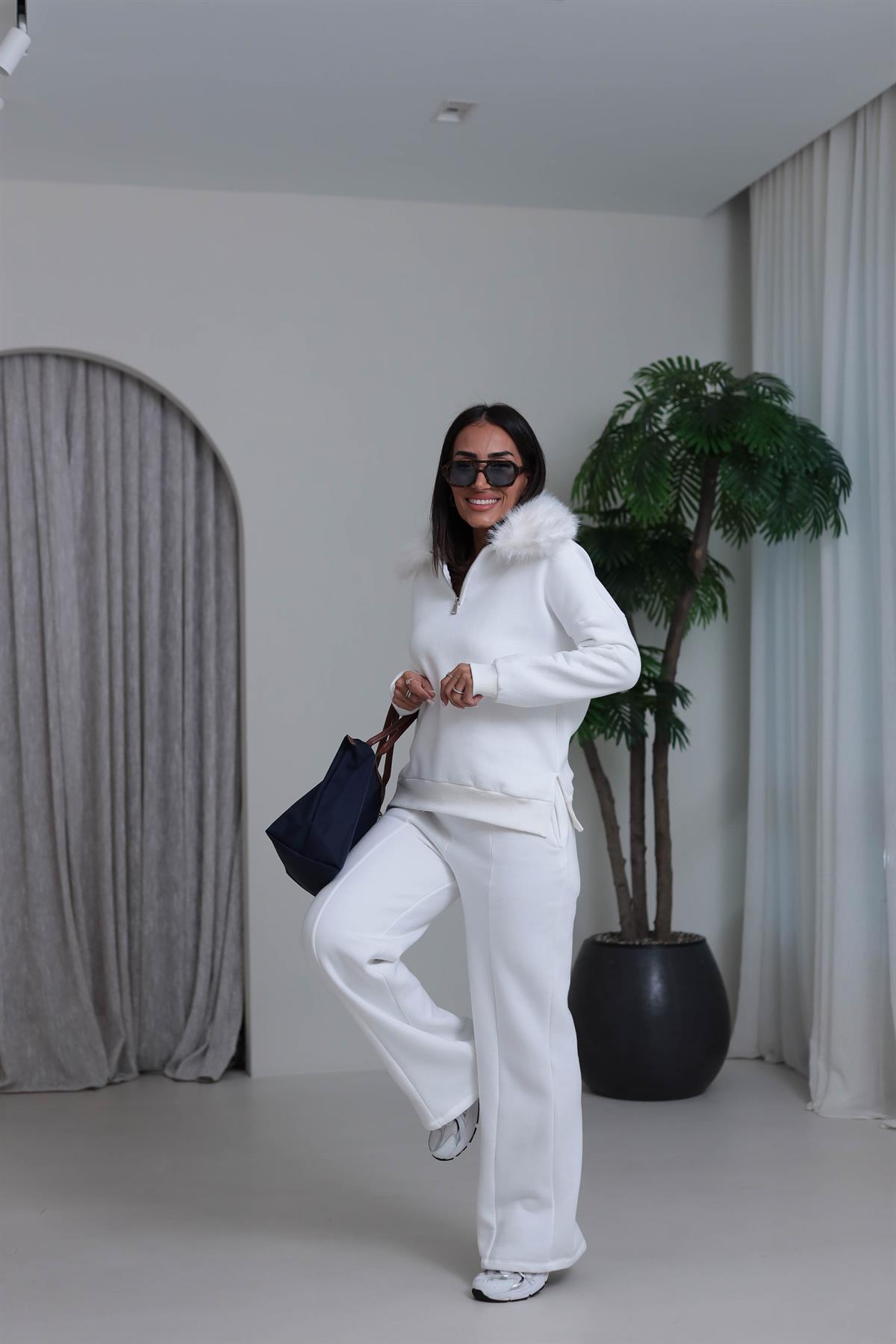 4066 Kürk Yakalı Şardonlu Takım BEYAZ