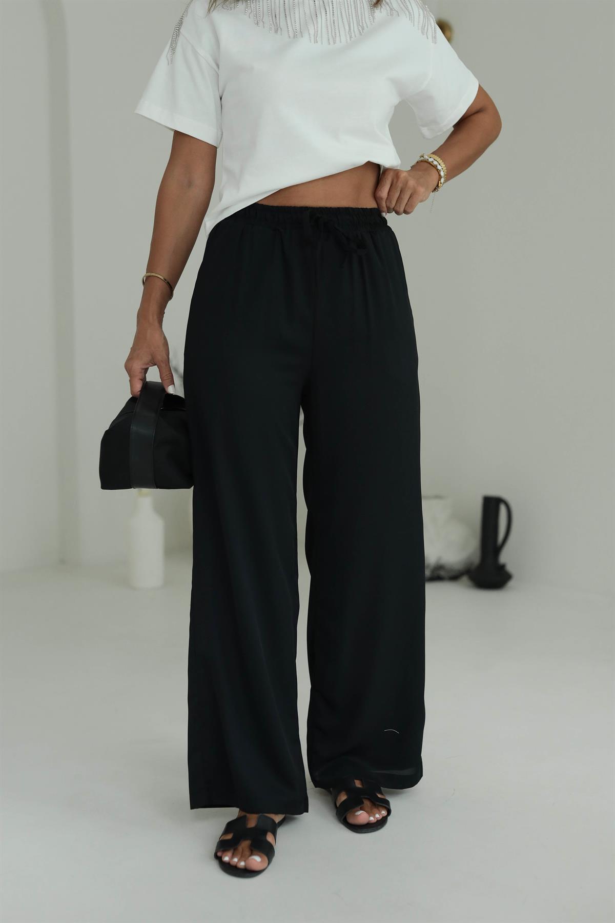 8779 Beli Lastikli Bol Paça Pantolon SİYAH