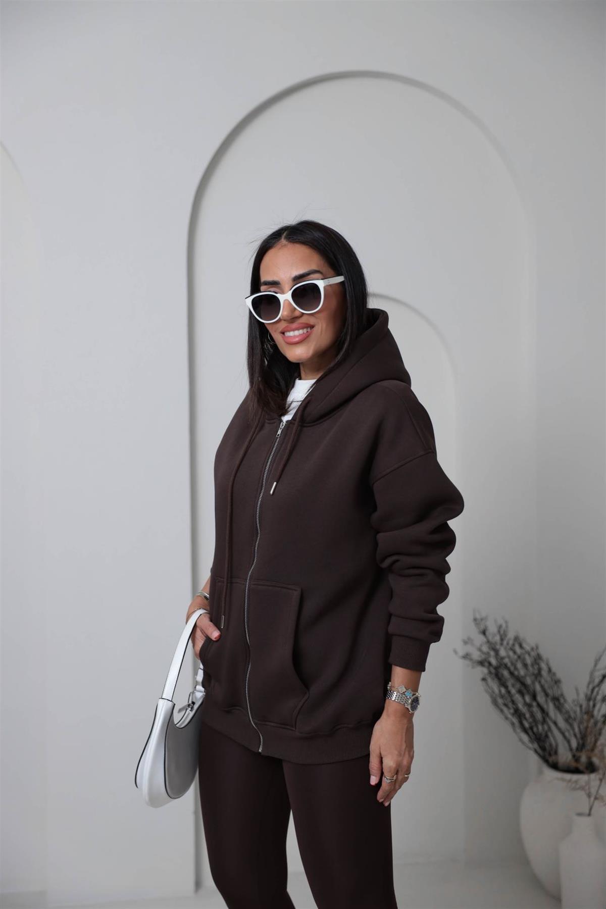 1003 3 İplik Şardonlu Kapşonlu Fermuarlı Ceket KAHVE