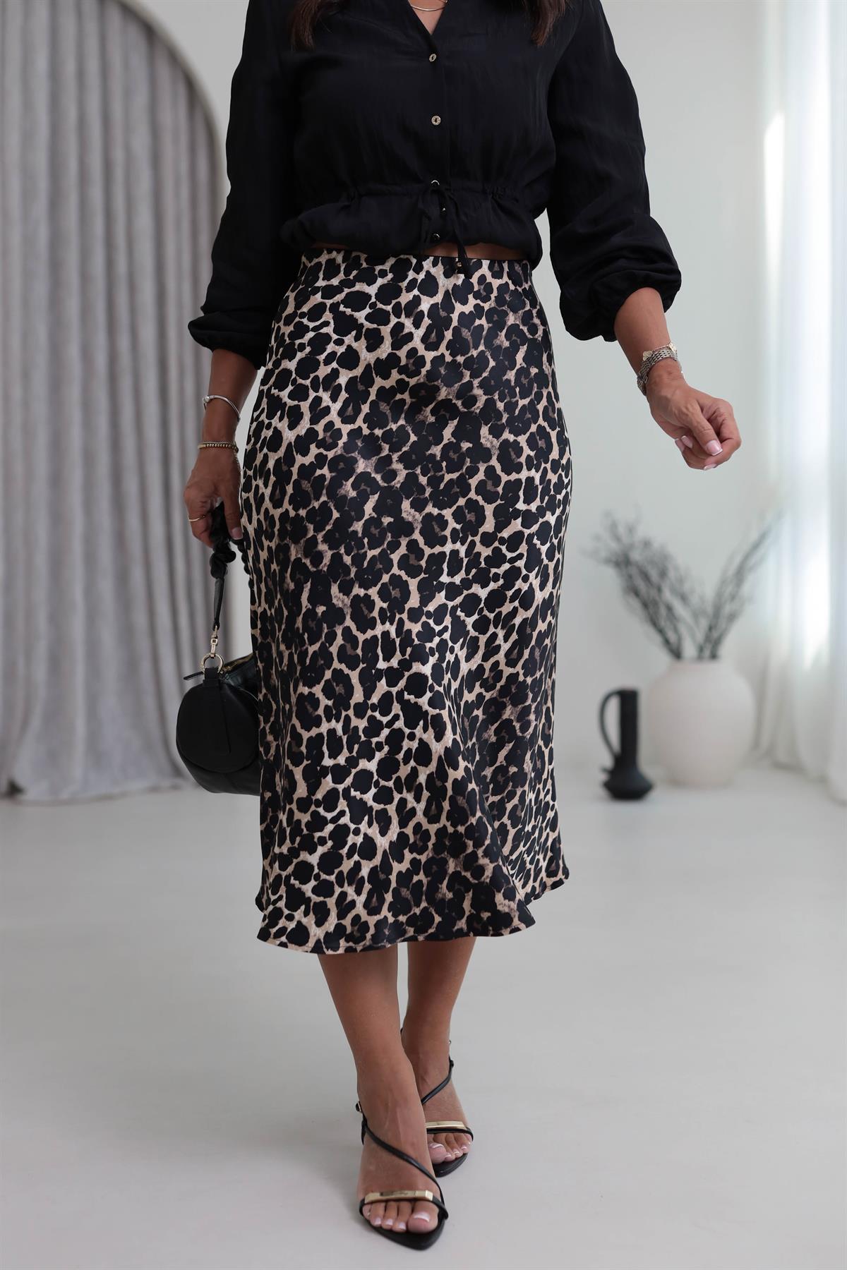 6617 Saten Kumaş Leopar Etek LEOPAR