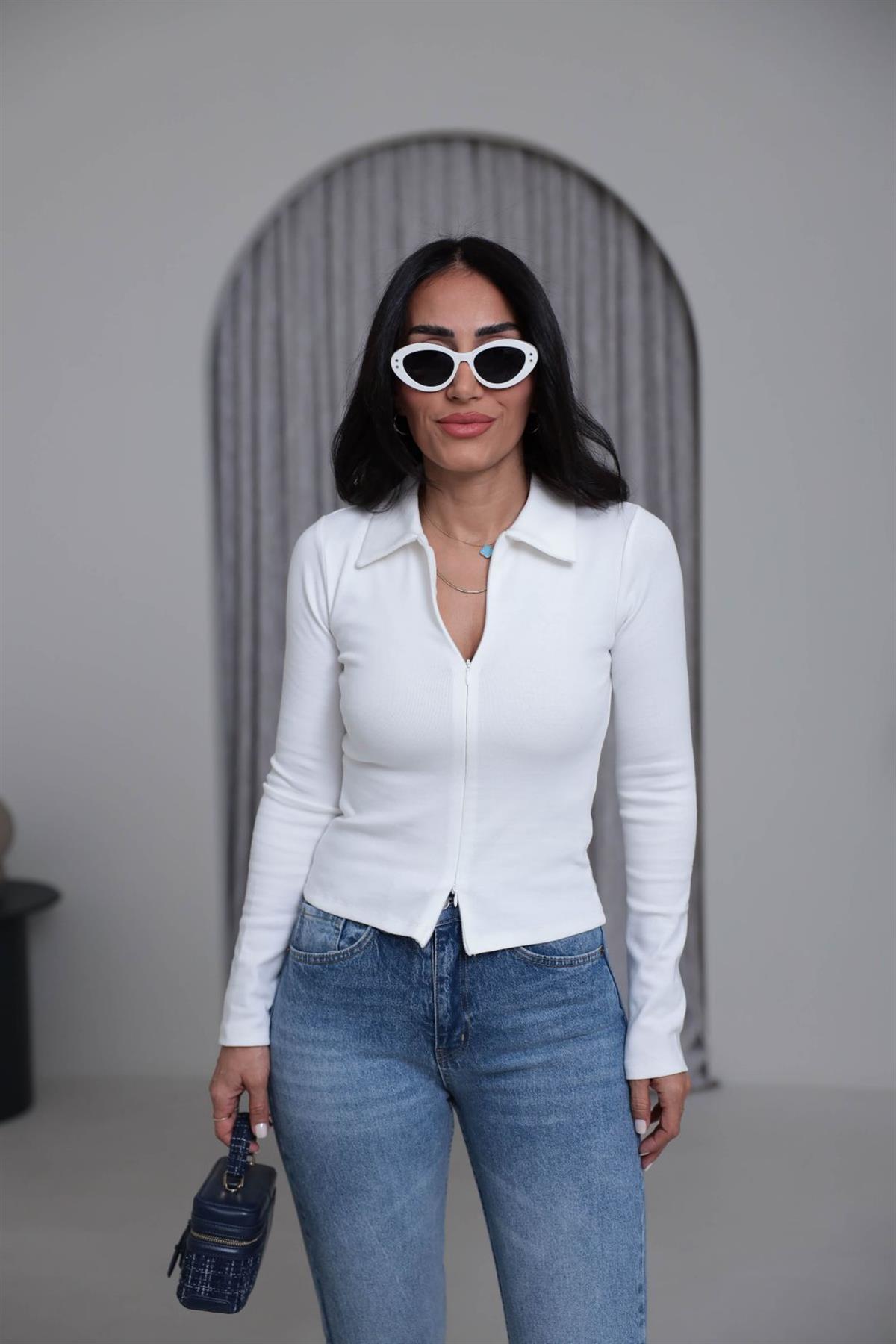 7246 Fermuar Detaylı Polo Yaka Bluz EKRU