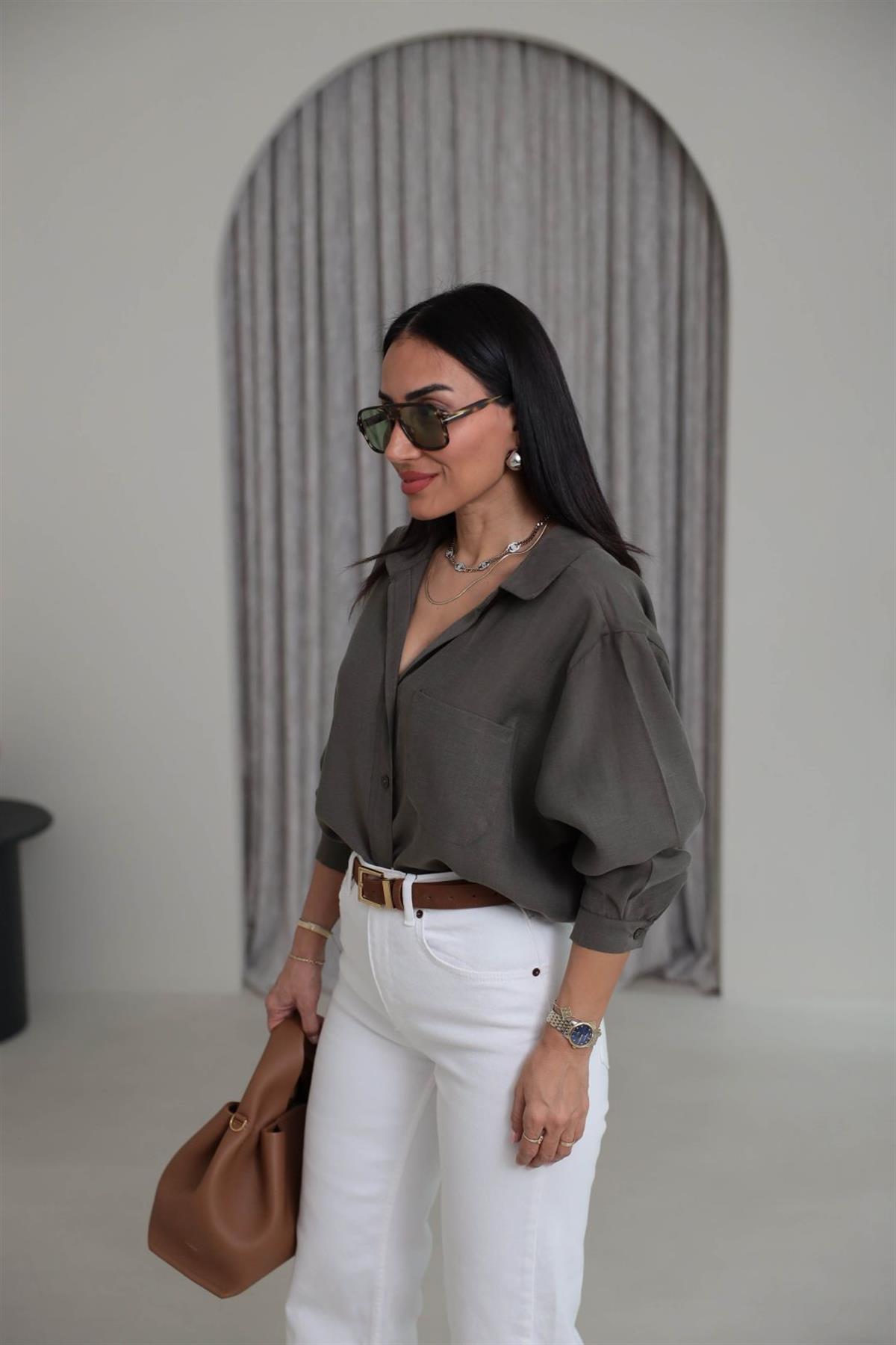 8454 Düşük Omuz Salaş Gömlek HAKİ YEŞİL