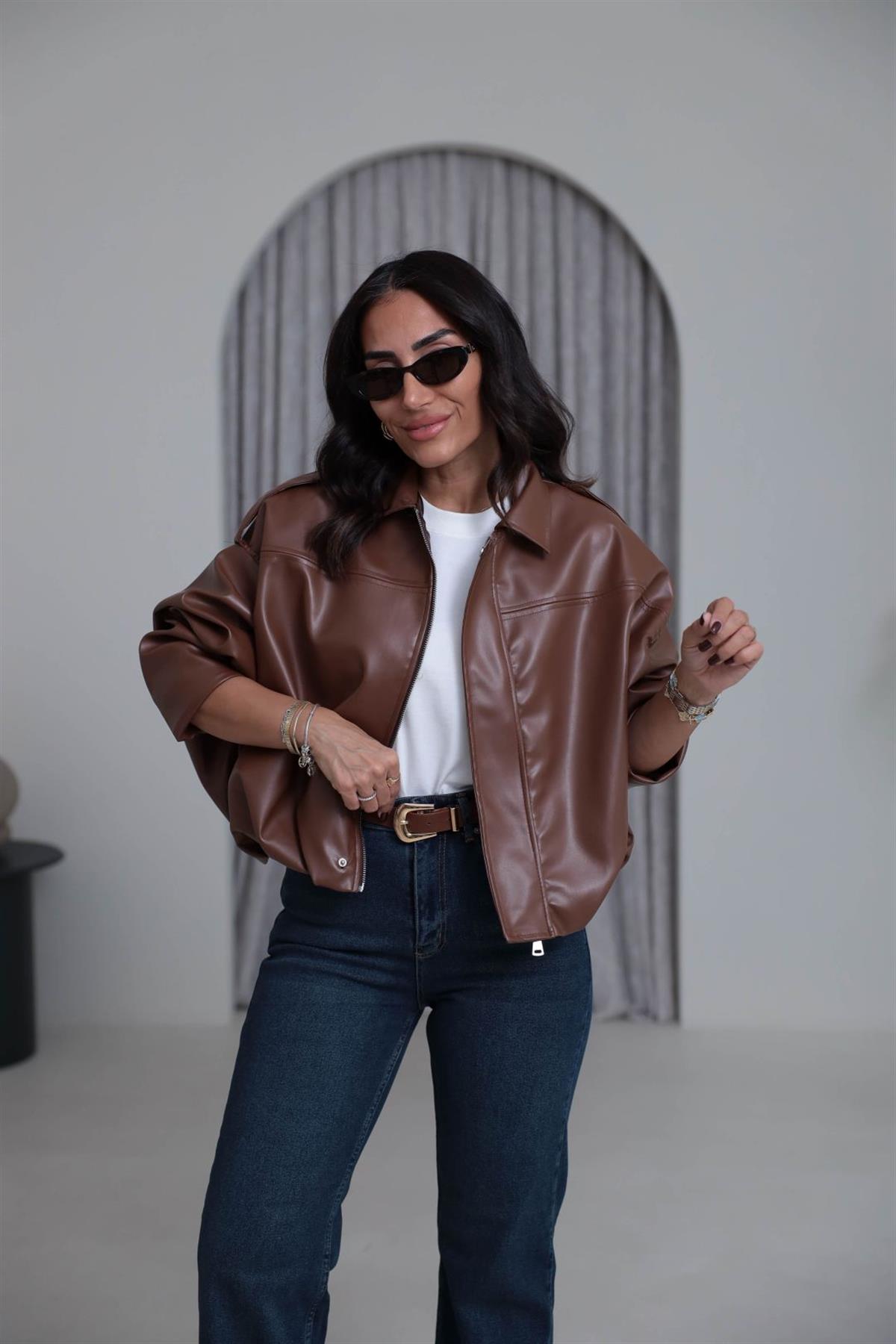 4221 Gömlek Yaka Suni Deri Bomber Ceket TABA