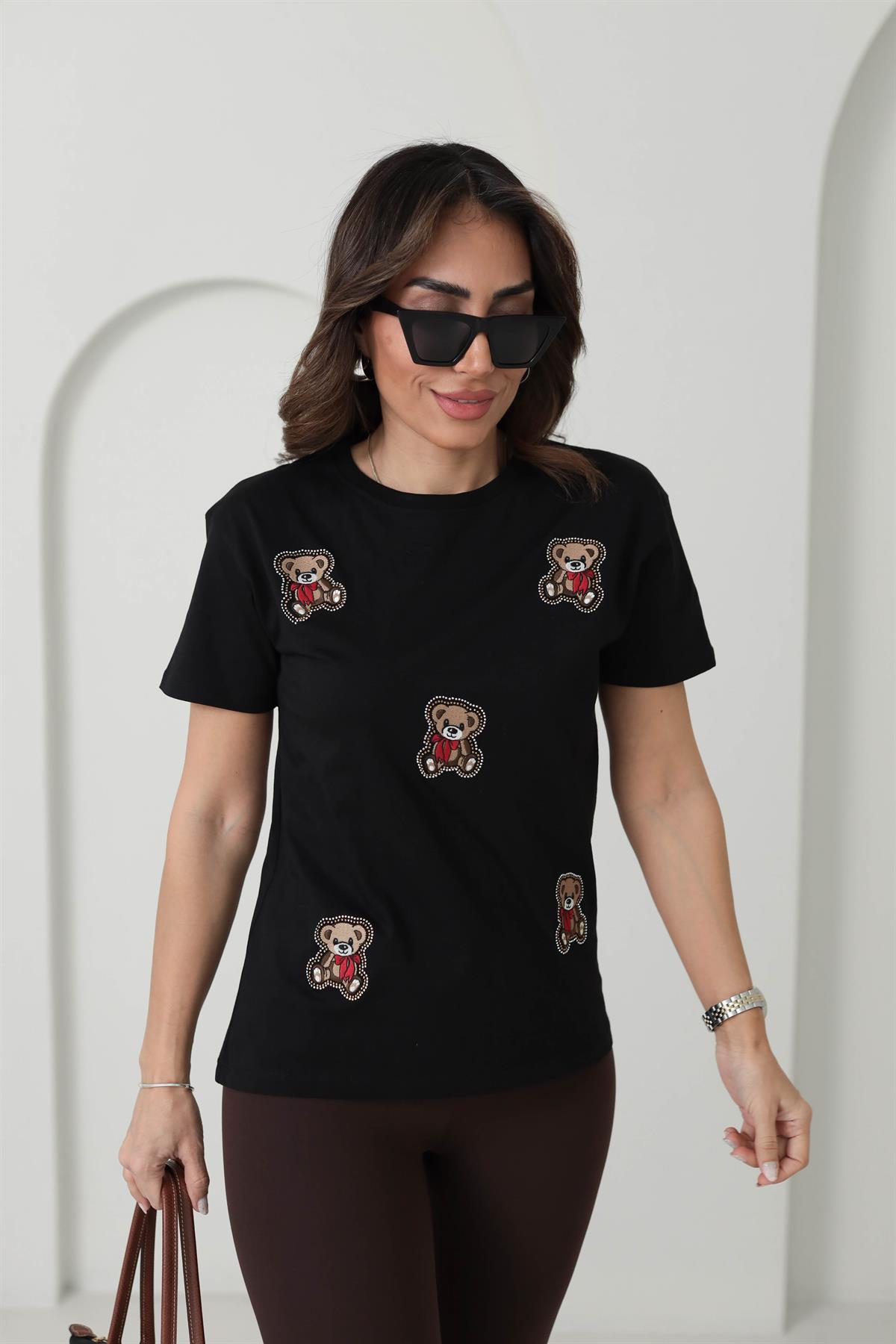 7065 Ayıcıklı Taşlı Pamuklu Tshirt SİYAH