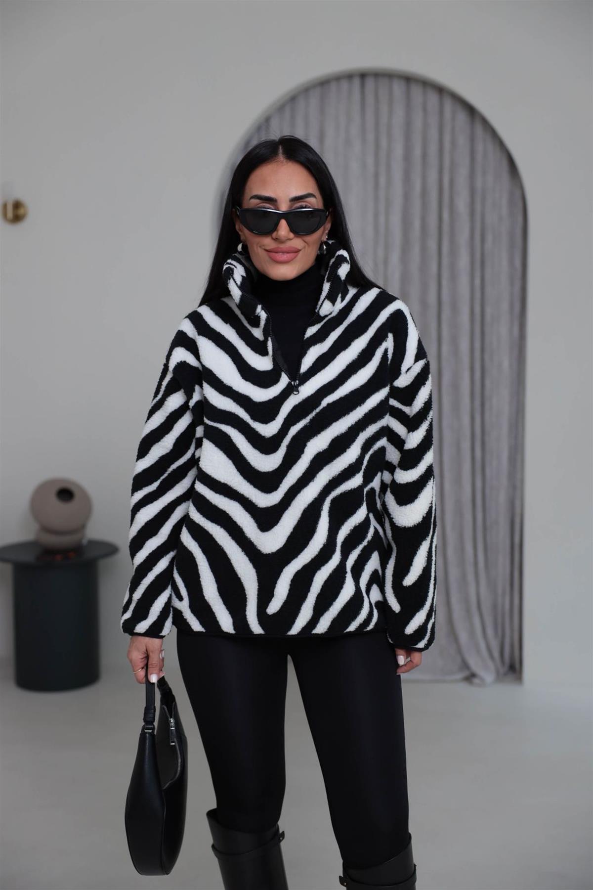 Dik Yaka Yarım Fermuarlı Polar Orj Sweatshirt ZEBRA