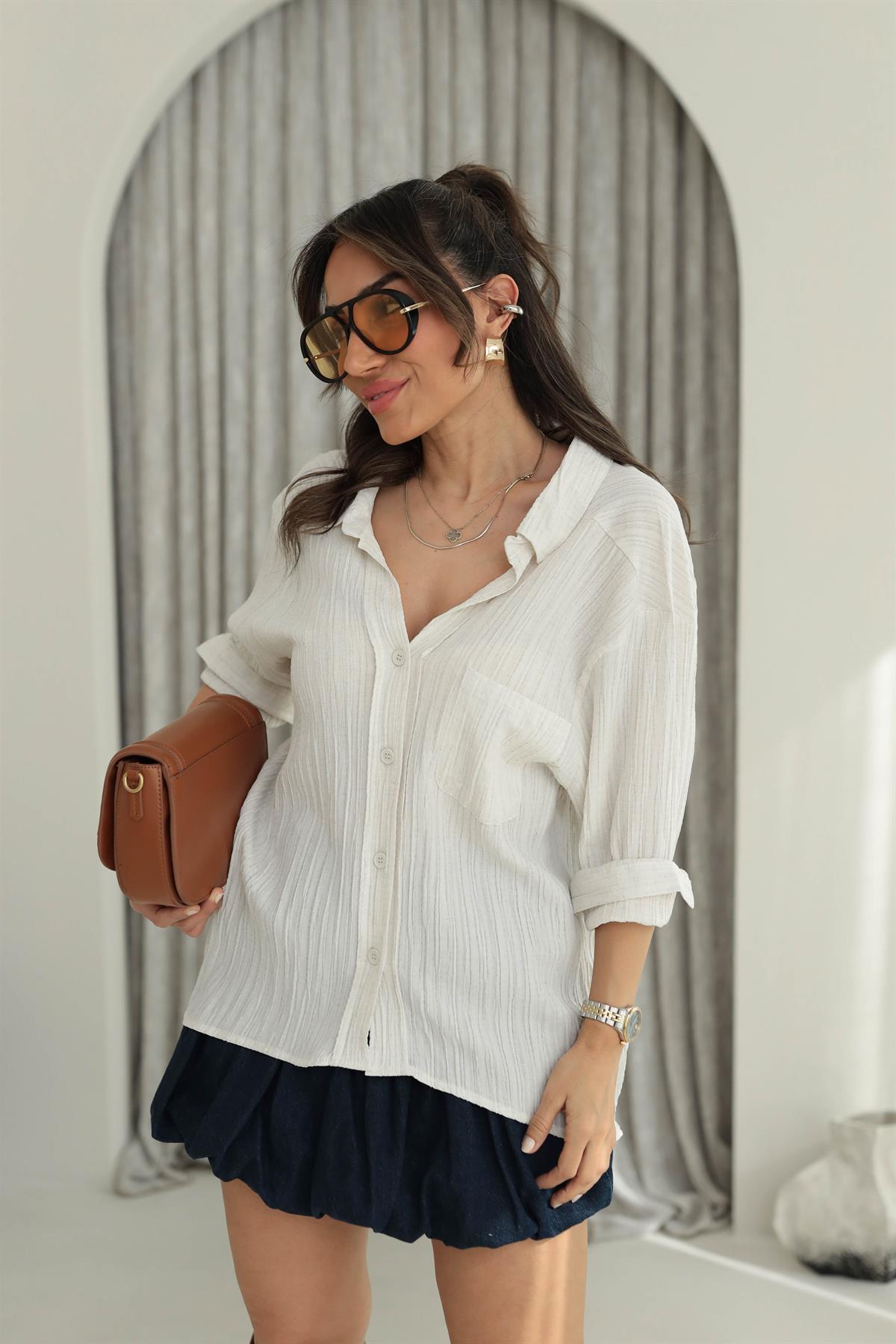 8684 Krinkıl Kumaş Rahat Gömlek TAŞ