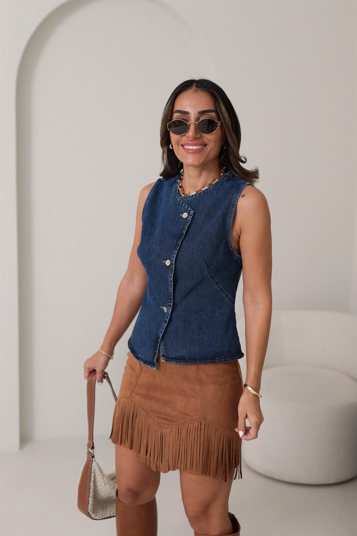 0741 Sıfır Yaka Pensli Kot Yelek LACİVERT